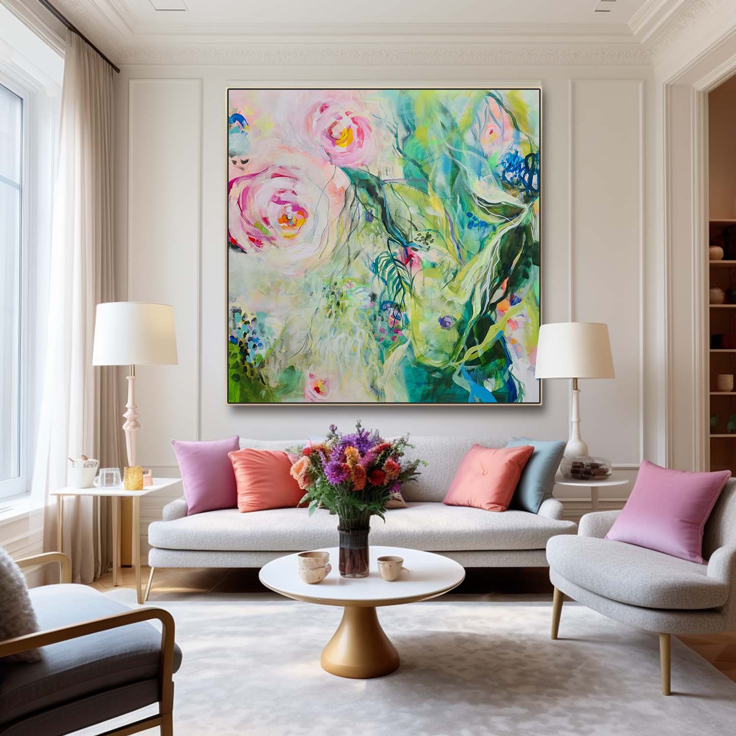 Original Floral Artwork Square Large Abstract Flowers Art Flowers Acrylic Painting Canvas For Living Room