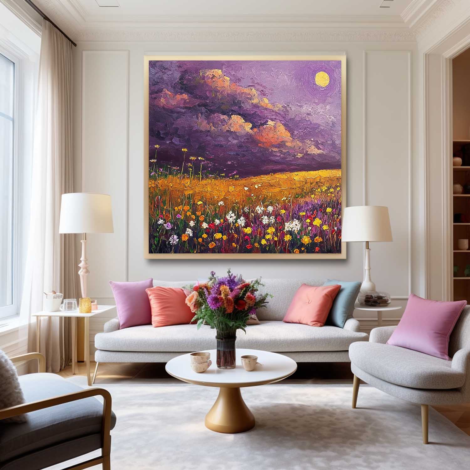 Original Landscape Oil Painting Large Spring Wall Art Abstract Purple Scenery Painting Living Room Decor