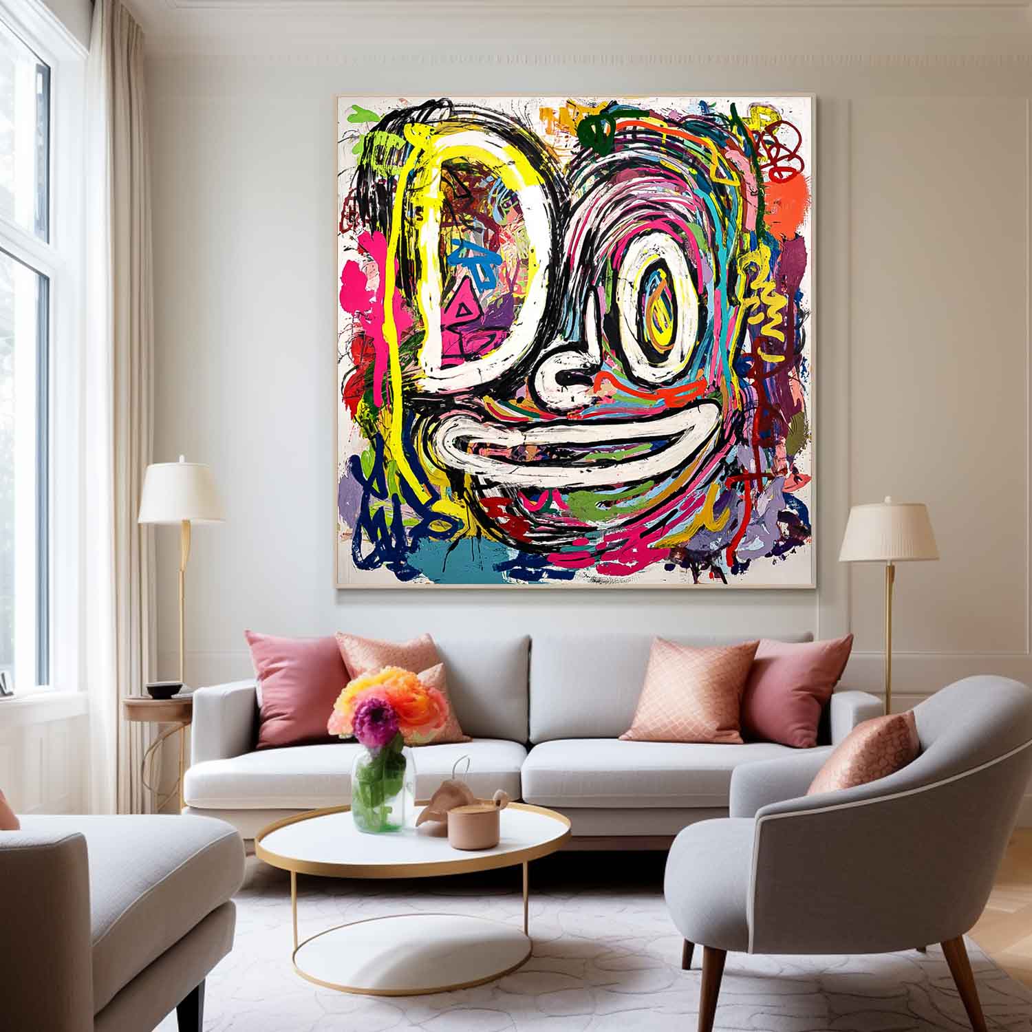 Abstract Portrait Oil Painting Large Graffiti Line Face Wall Art Original Colorful Face Painting On Canvas