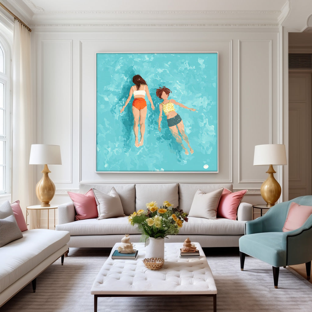 Original Girl swimming Wall Art Young Lady Artwork Square Diving In Ocean Sensual Woman Acrylic Painting