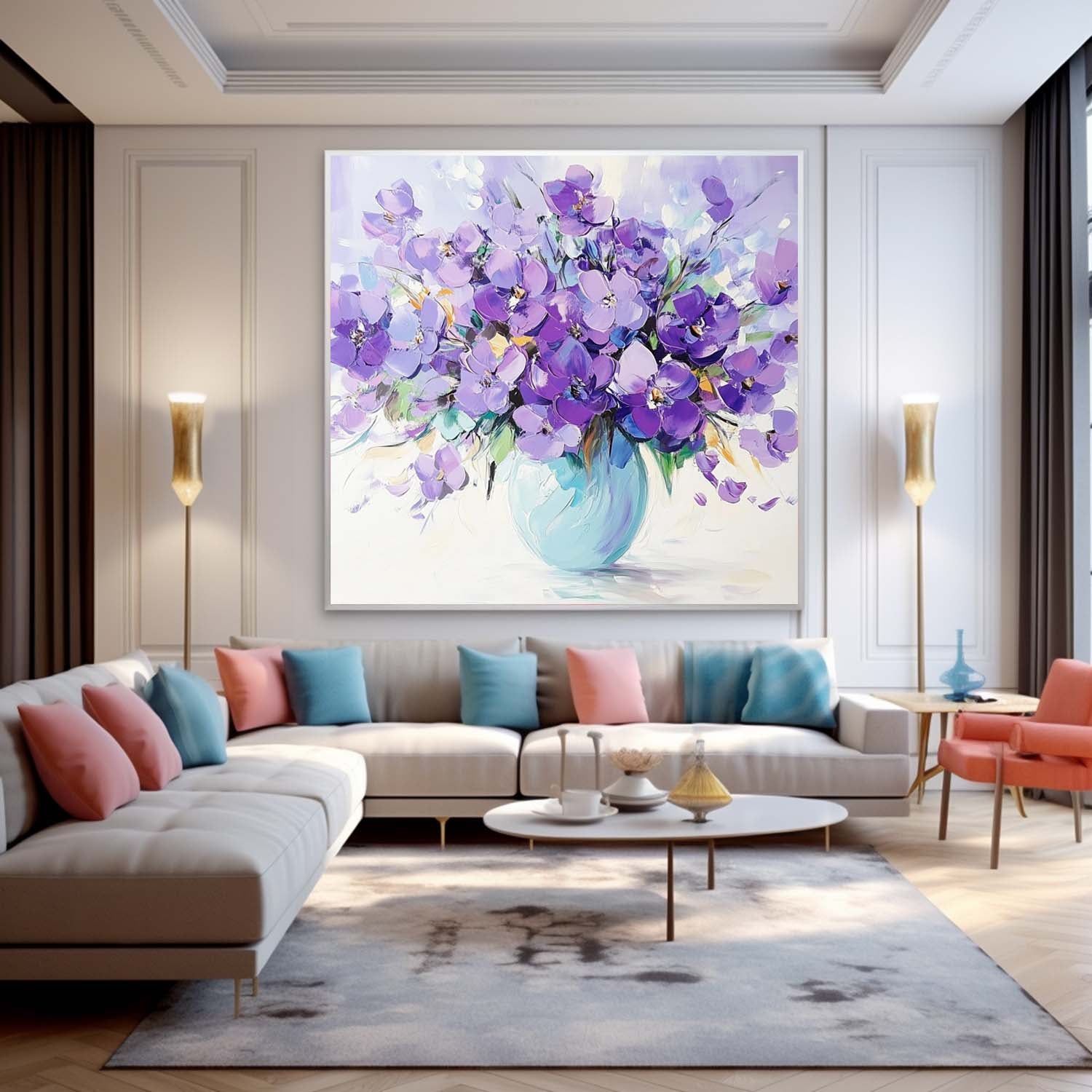 Large Purple Textured Flower Painting Modern Floral Wall Art Original Exquisite Vase Art For Living Room