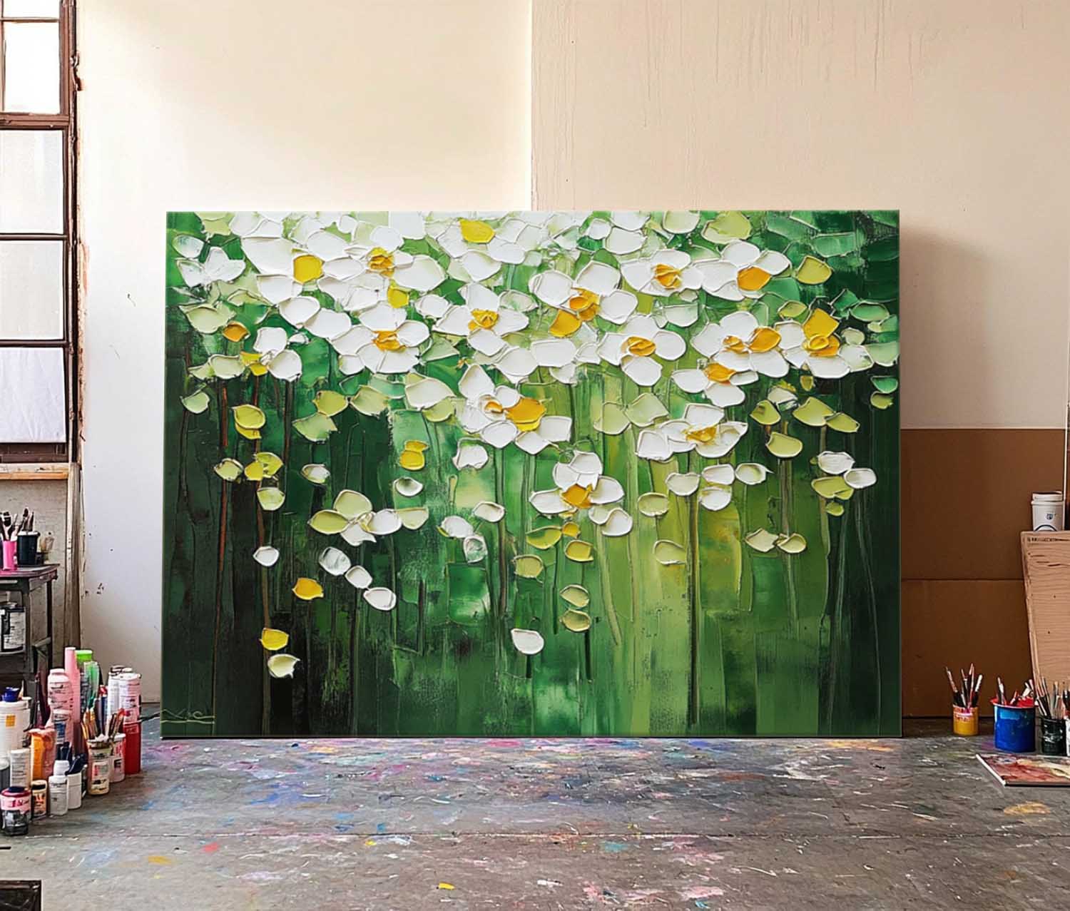 Horizontal Flower Beauty Texture Artwork Original Abstract Green Oil Painting On Canvas Home Decor Gift