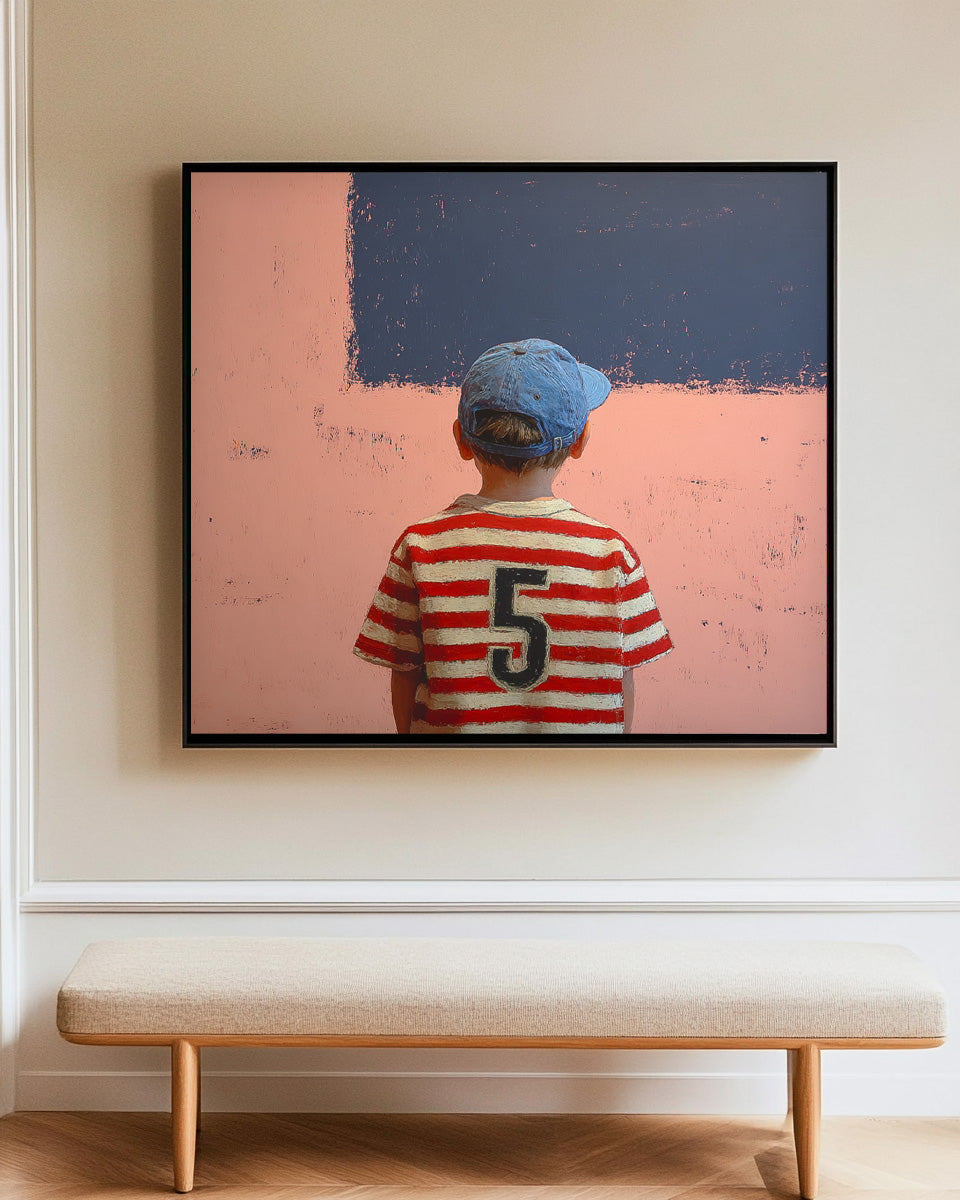 Minimalist Child Back View Painting Original Pink Wall Art Abstract Cool Boy Art For Living Room