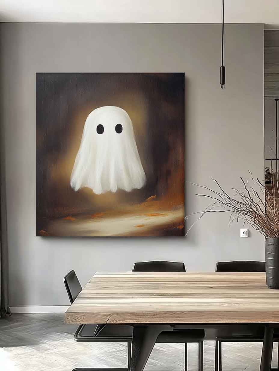 Large Cute Ghost Square Texture Abstract Wall Art Framed Modern Abstract Canvas Painting Holiday Decorations
