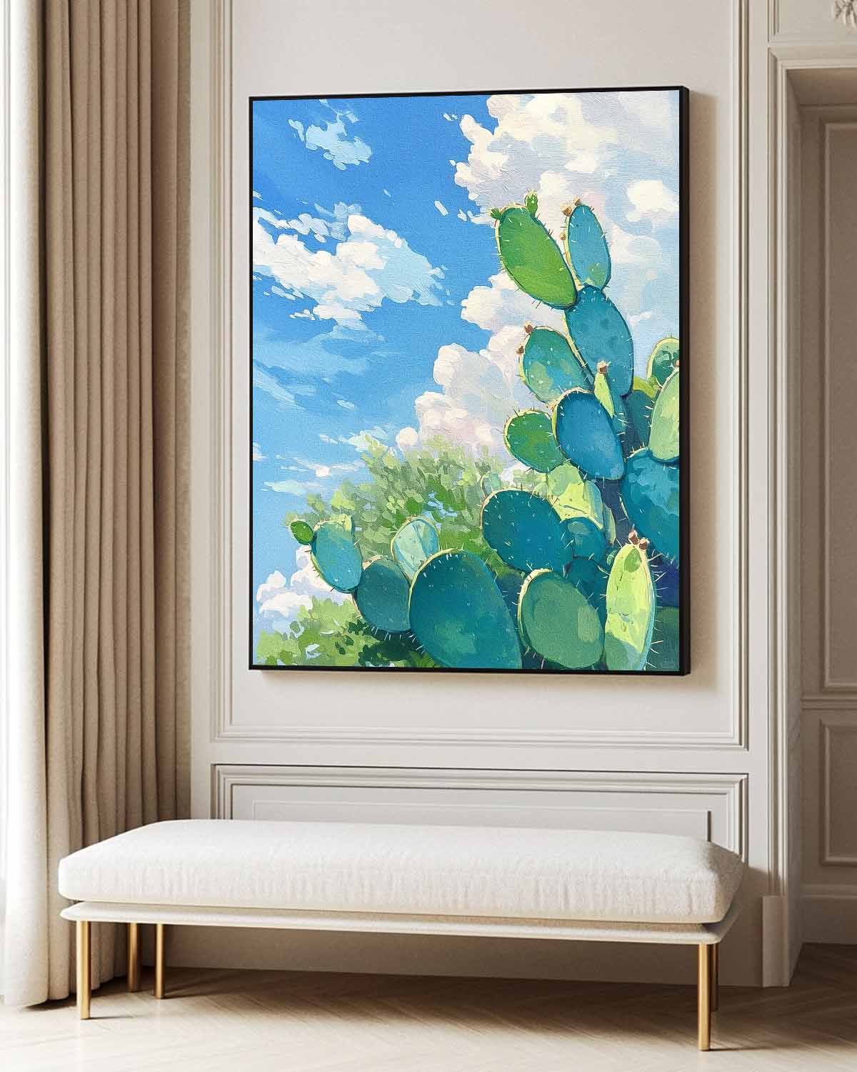 Abstract Scenery Oil Painting Large Cute Cactus Painting On Canvas Bright Landscape Texture For Living Room