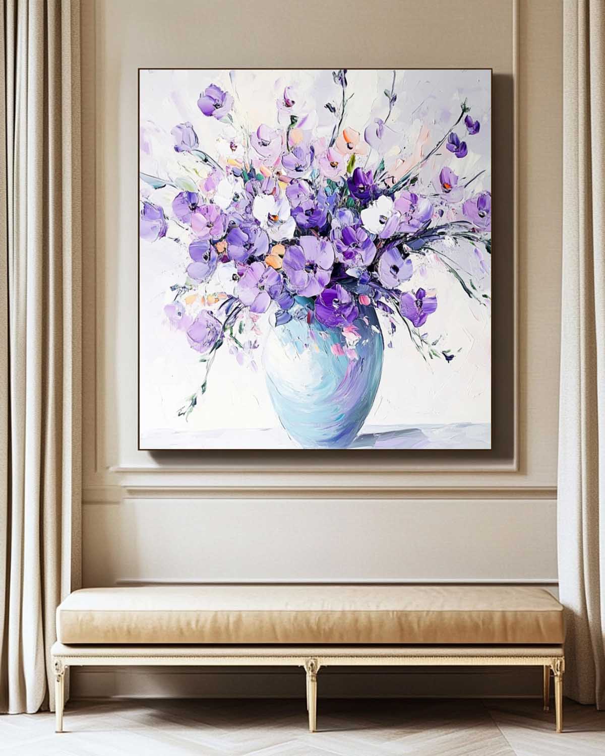 Original Exquisite Vase Art Large Purple Textured Flower Painting Modern Floral Wall Art For Living Room