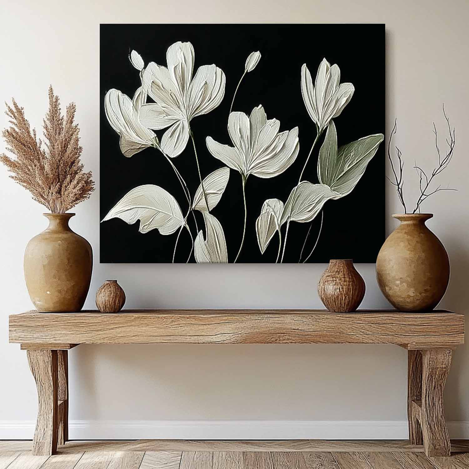 Original Black Abstract Oil Painting On Canvas Horizontal Flower Texture Artwork Home Decor Gift