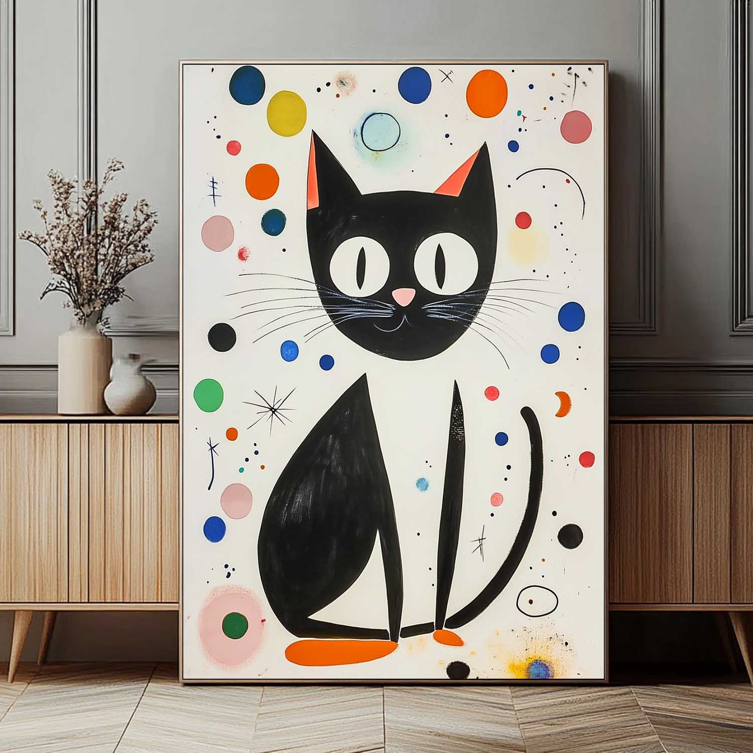 Joan Miró Style Abstract Cat Acrylic Painting Colorful Modern Cat Oil Painting Pop Artwork Home Decor