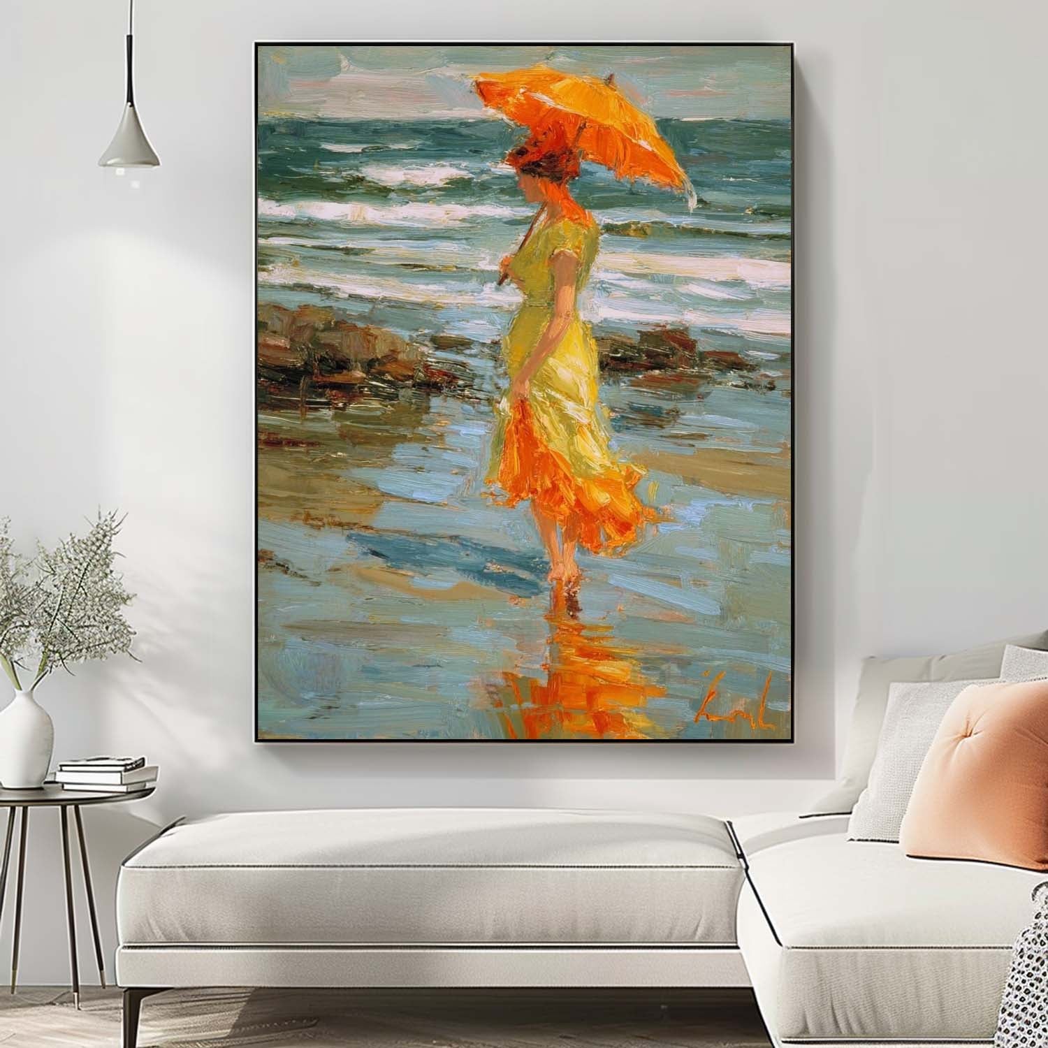 Original Handmade Art Elegant Woman In A Flowing Green Dress Painting Large Retro Unique Artwork Decor