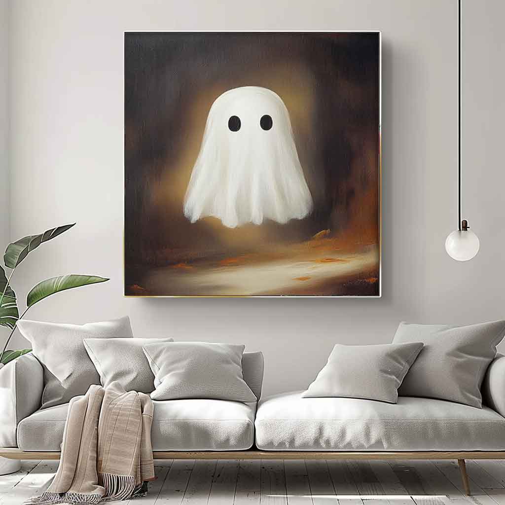 Large Cute Ghost Square Texture Abstract Wall Art Framed Modern Abstract Canvas Painting Holiday Decorations