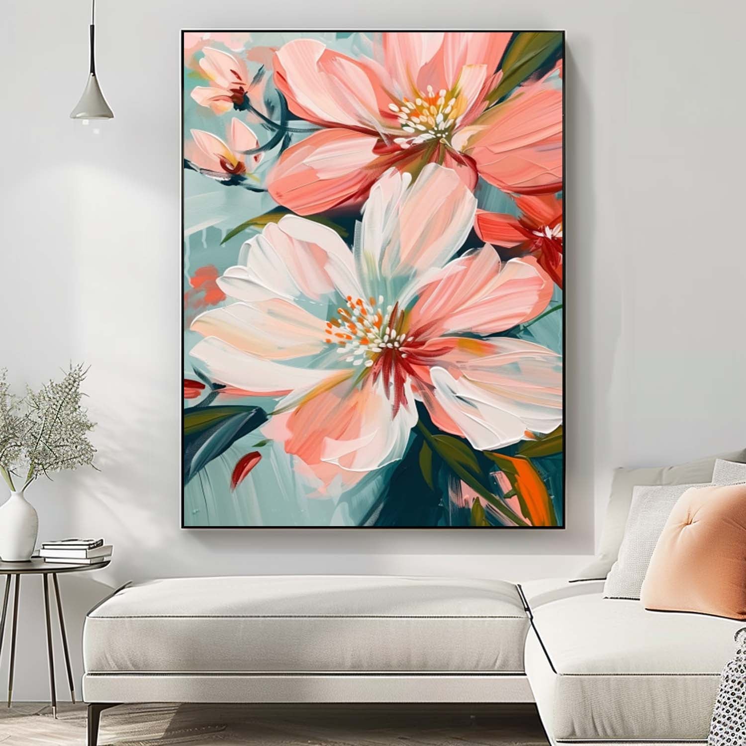Large Textured Floral Art Original Abstract Peach Blossom Painting Flowers Acrylic Painting Canvas Framed