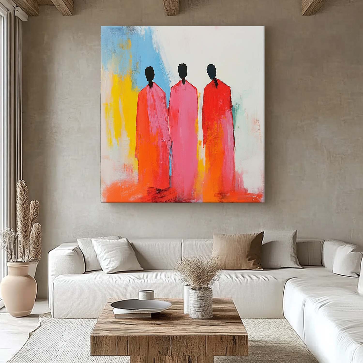 Original Pink Figure Acrylic Painting Canvas Colorful Abstract Wall Art Square Large Portrait Artwork