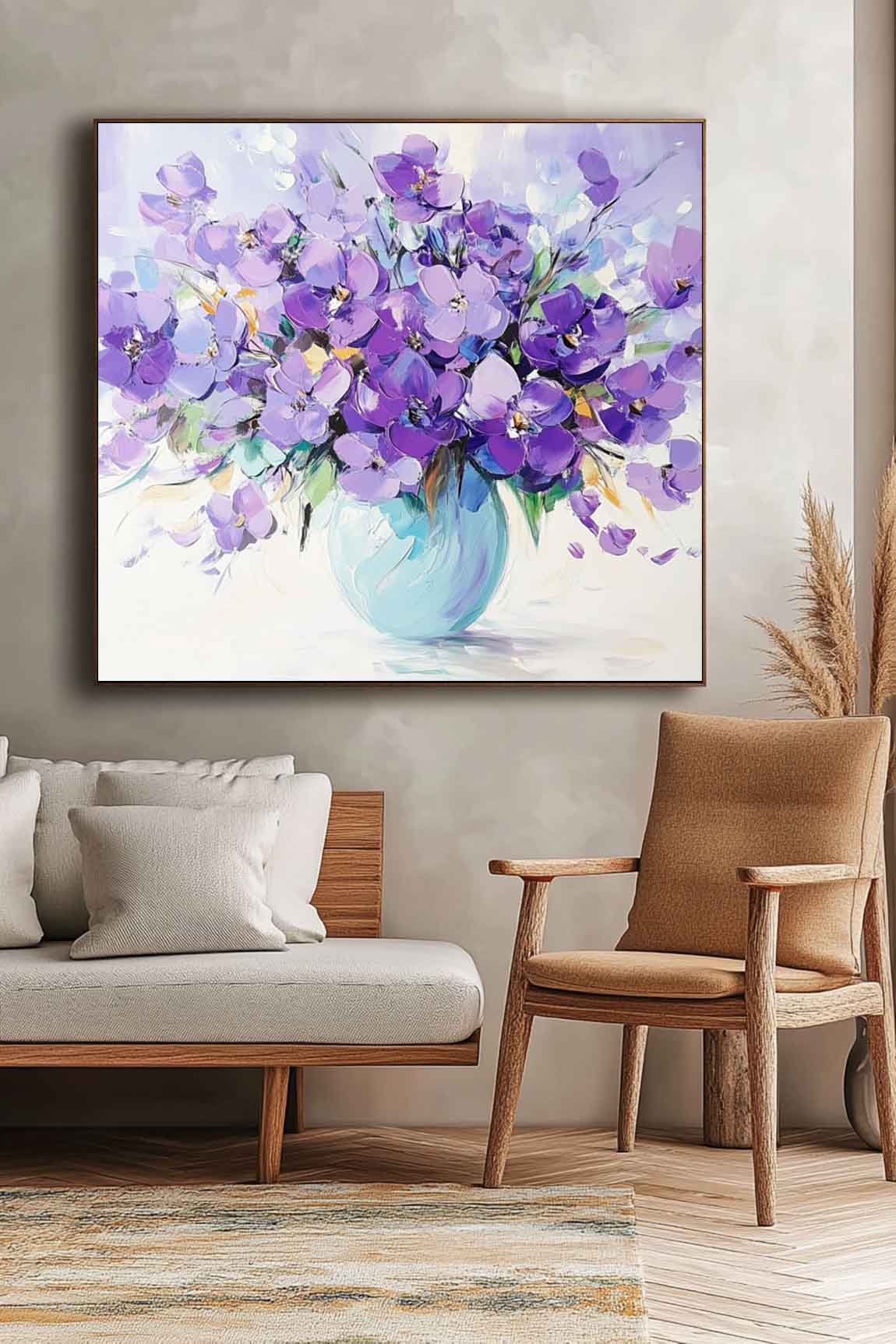 Large Purple Textured Flower Painting Modern Floral Wall Art Original Exquisite Vase Art For Living Room