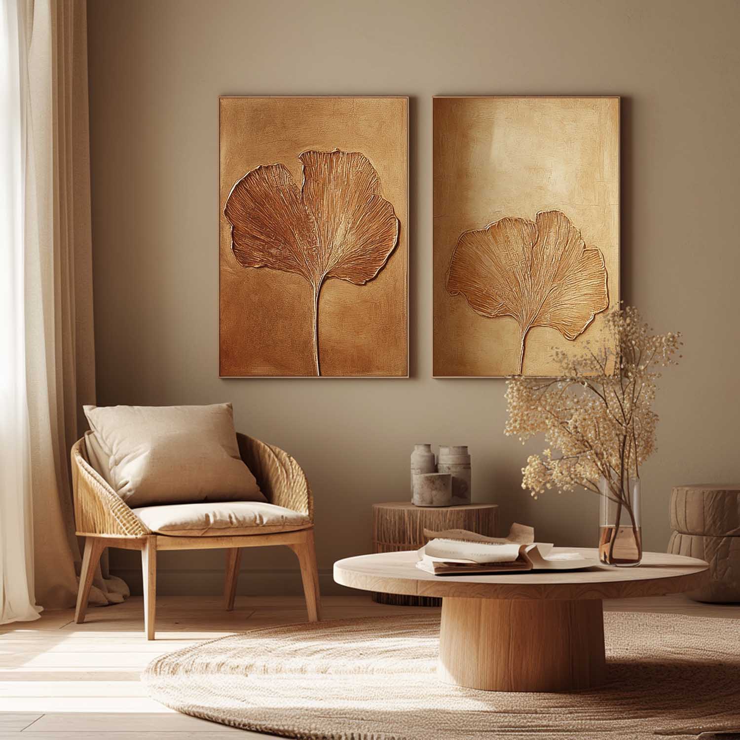 Set of 2 Exquisite Ginkgo Leaf Painting Acrylic Textured Floral Art Impressionist Ginkgo Leaf Painting