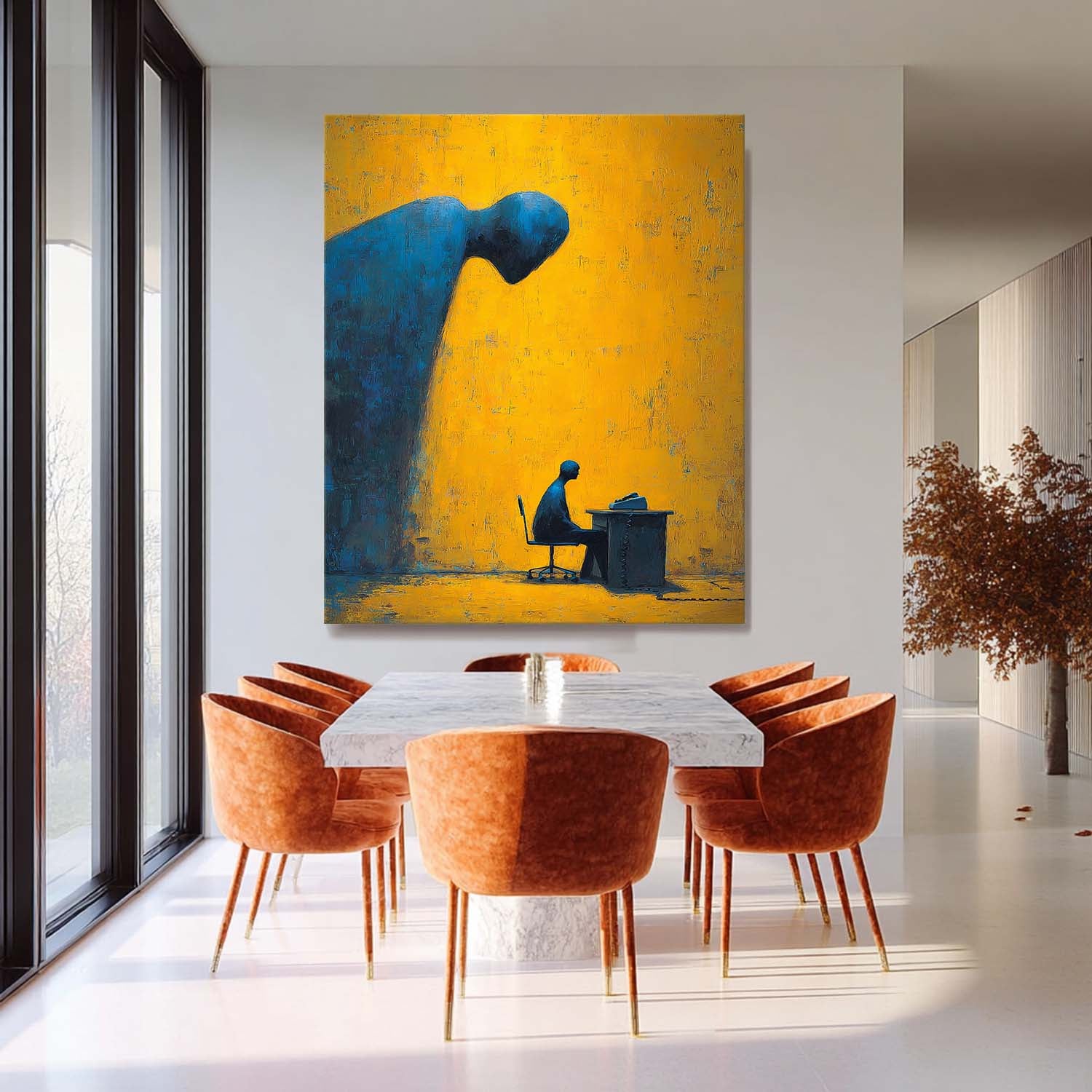 Deep Blue Silhouette Abstract Artwork Modern Office Decor Surrealist Figure Painting Concept Studio Wall Art