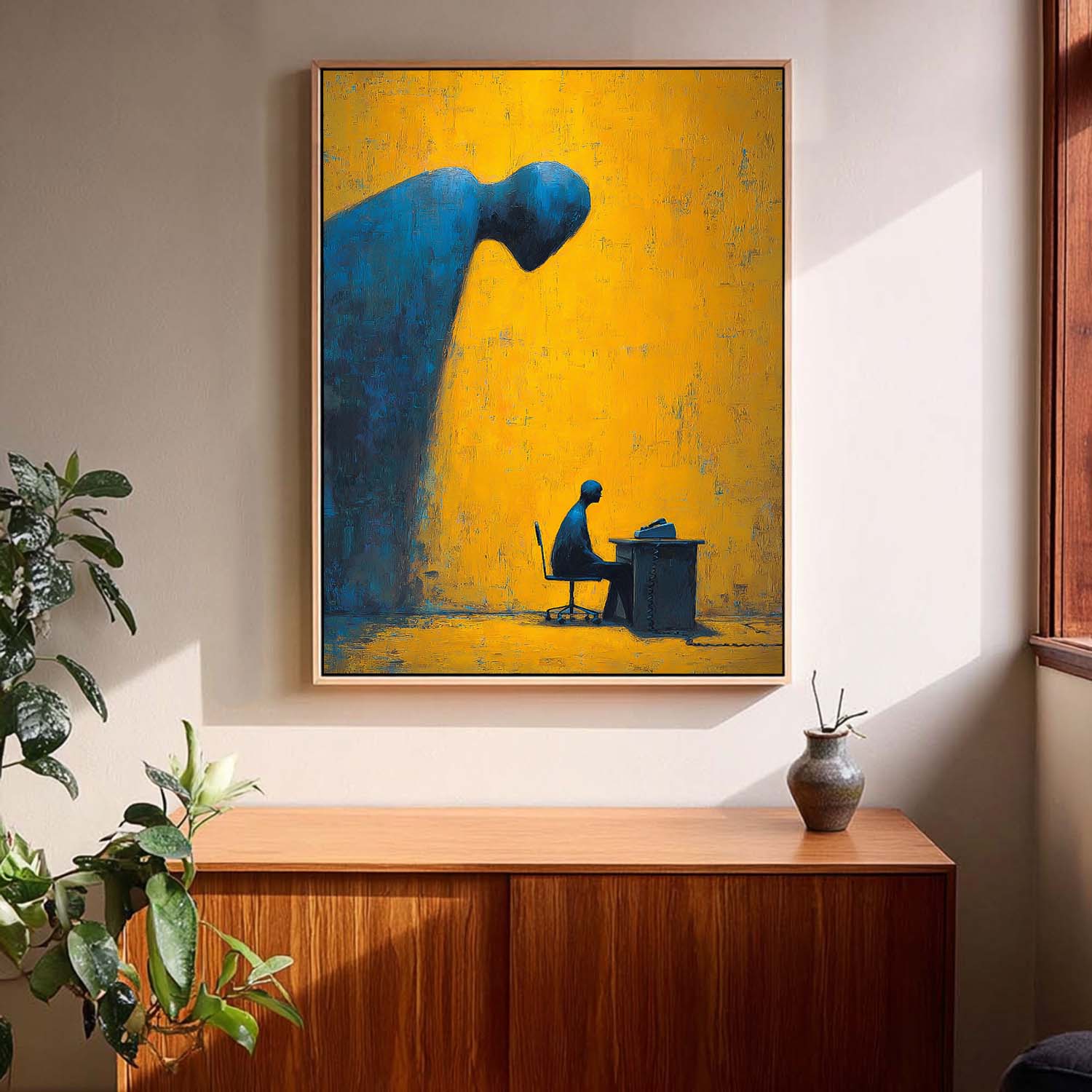 Deep Blue Silhouette Abstract Artwork Modern Office Decor Surrealist Figure Painting Concept Studio Wall Art