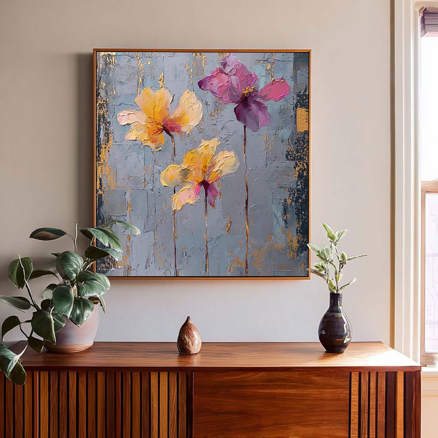 Square Abstract Floral Oil Painting Purple & Yellow Textured Wall Art Luminous Blooms Textured Floral Artwork