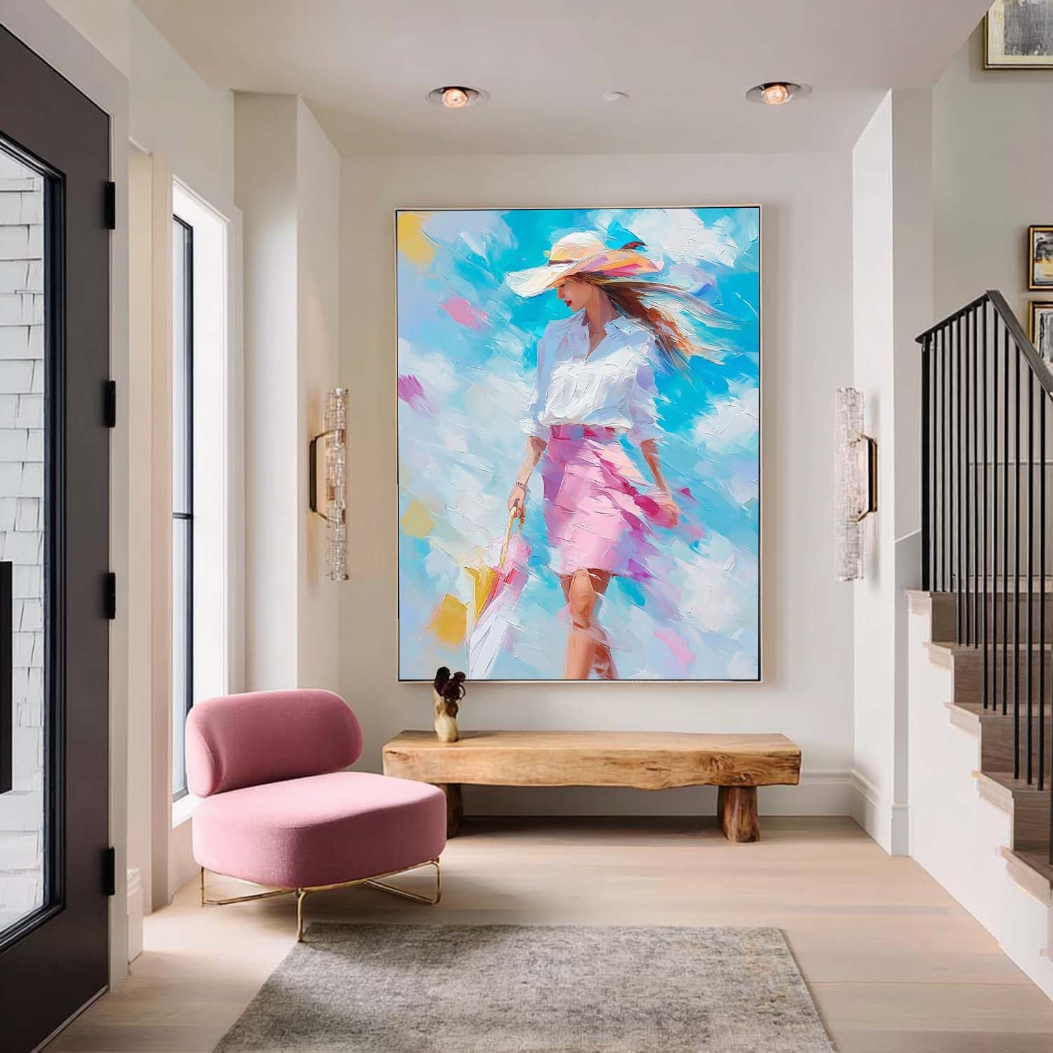 Large Vertical Fashion Wall Decor Urban Lady Style Canvas Sophisticated Gift Vibrant Urban Life Painting