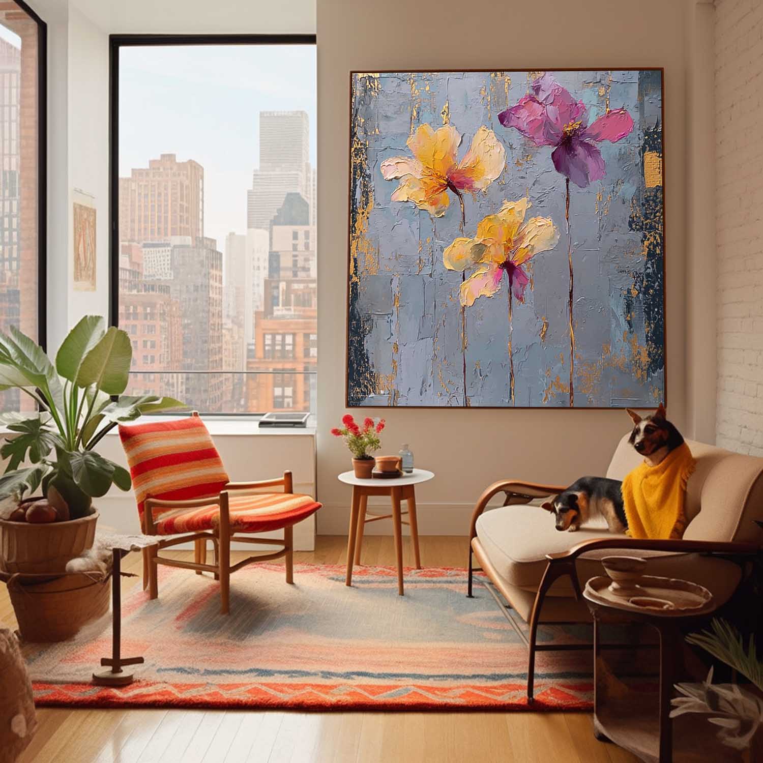 Square Abstract Floral Oil Painting Purple & Yellow Textured Wall Art Luminous Blooms Textured Floral Artwork