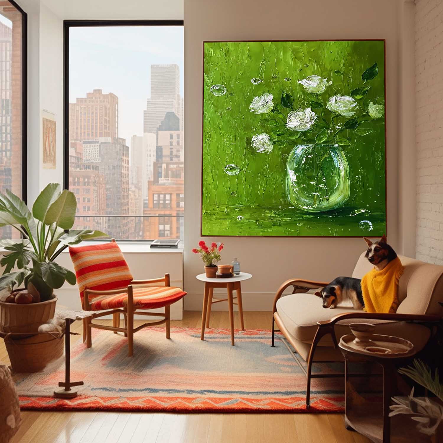 Modern Fresh Green & White Square Floral Canvas Textured Rose Oil Painting Healing Aesthetic Still Life Decor 