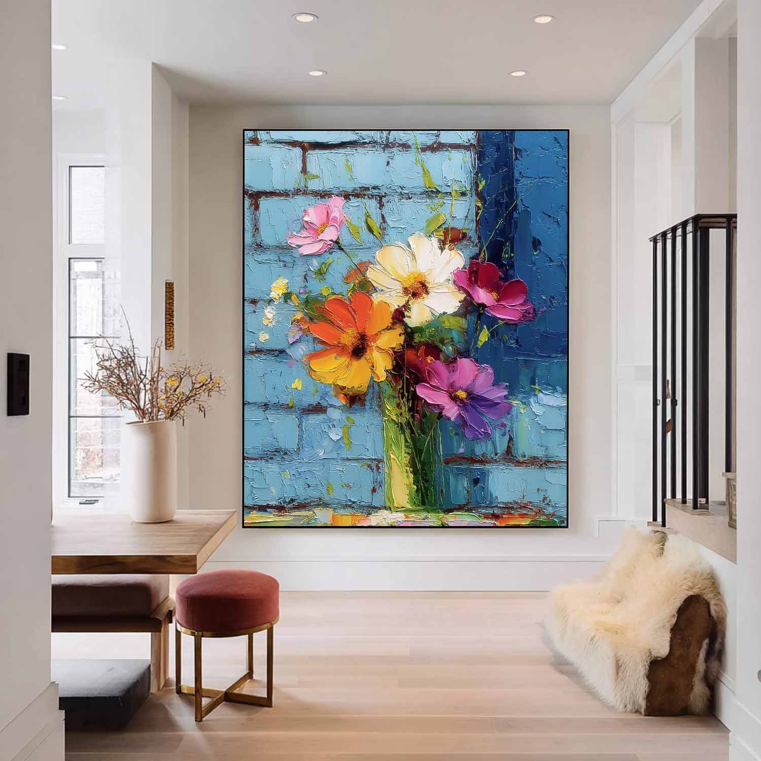 Vertical Textured Floral Oil Painting Modern Impasto Wildflowers Wall Art 3D Palette Knife Floral Decor