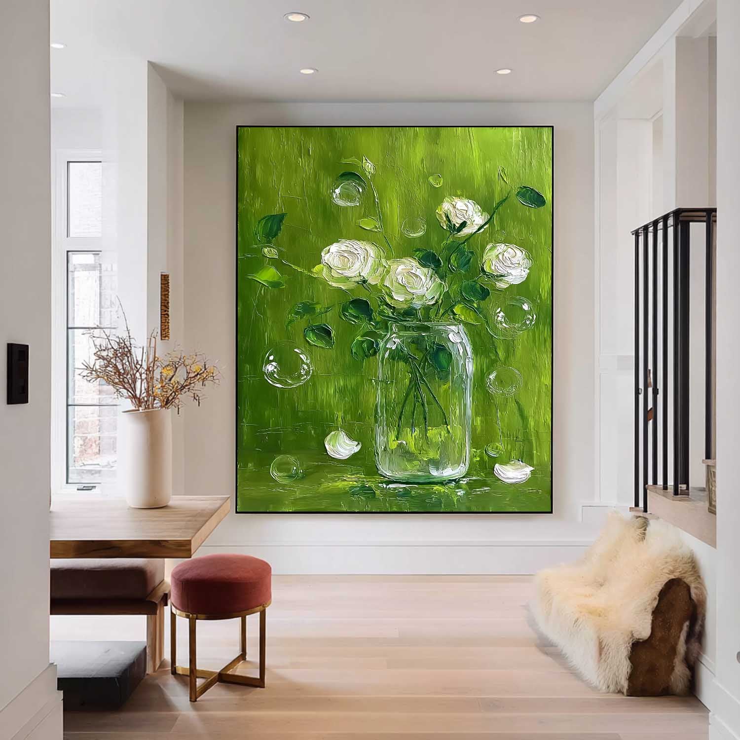 Impasto White Roses Oil Painting Canvas Modern Green Floral Wall Art 3D Textured Flower Bouquet In Glass Vase