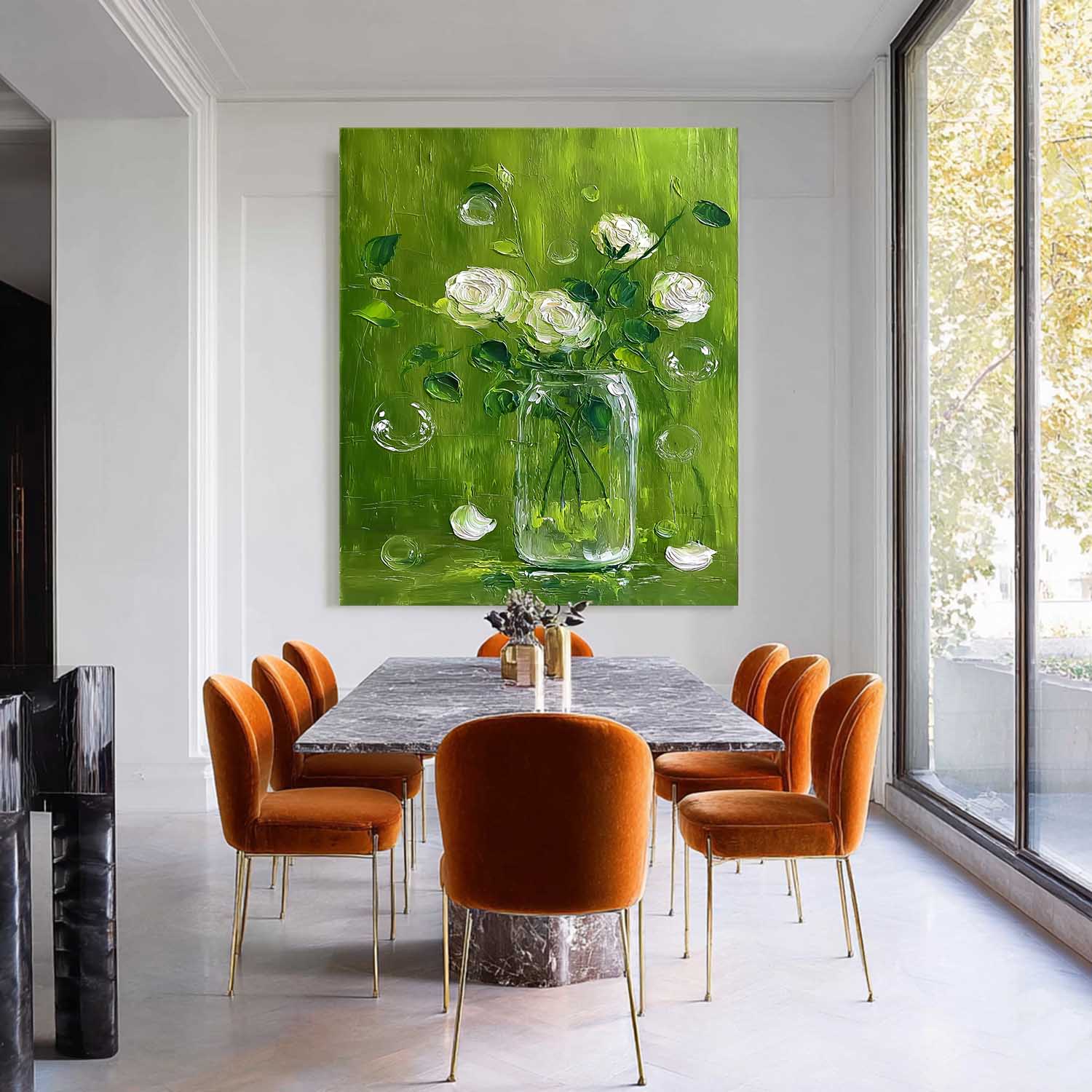 Impasto White Roses Oil Painting Canvas Modern Green Floral Wall Art 3D Textured Flower Bouquet In Glass Vase