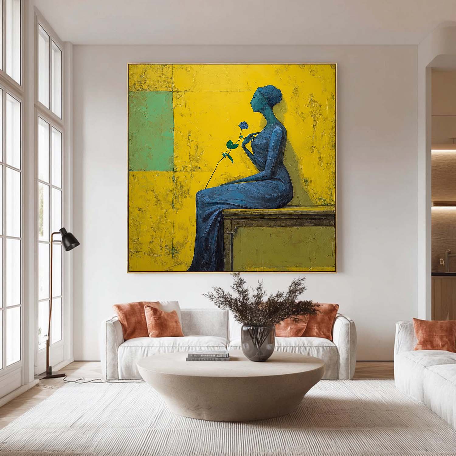 Modern Square Abstract Portrait Painting Elegant Woman In Blue With Rose Yellow & Green Geometric Wall Art