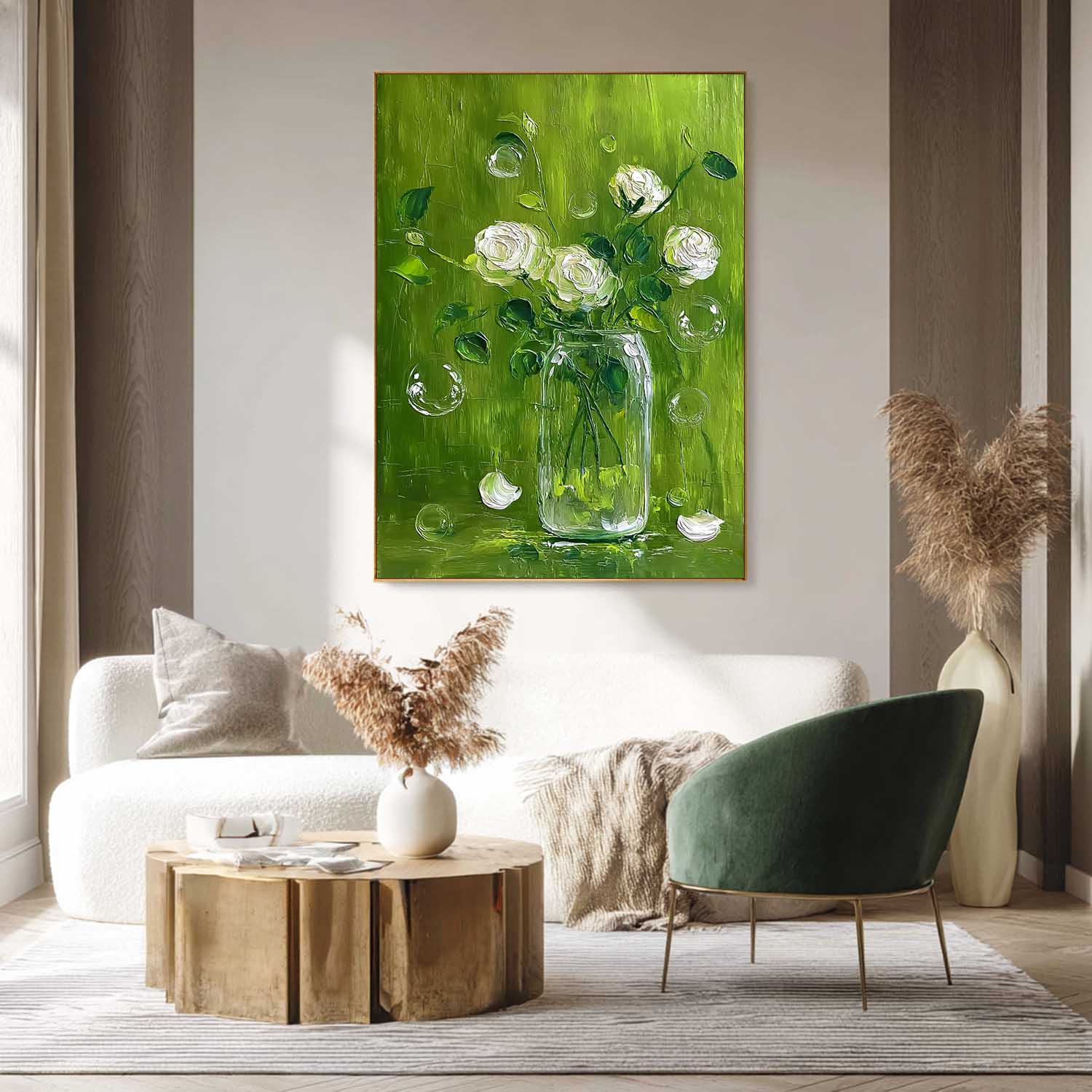 Impasto White Roses Oil Painting Canvas Modern Green Floral Wall Art 3D Textured Flower Bouquet In Glass Vase