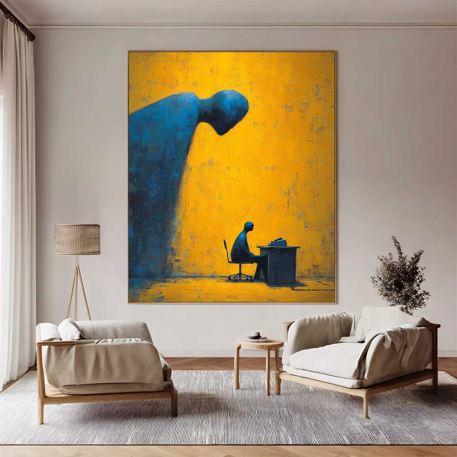 Deep Blue Silhouette Abstract Artwork Modern Office Decor Surrealist Figure Painting Concept Studio Wall Art