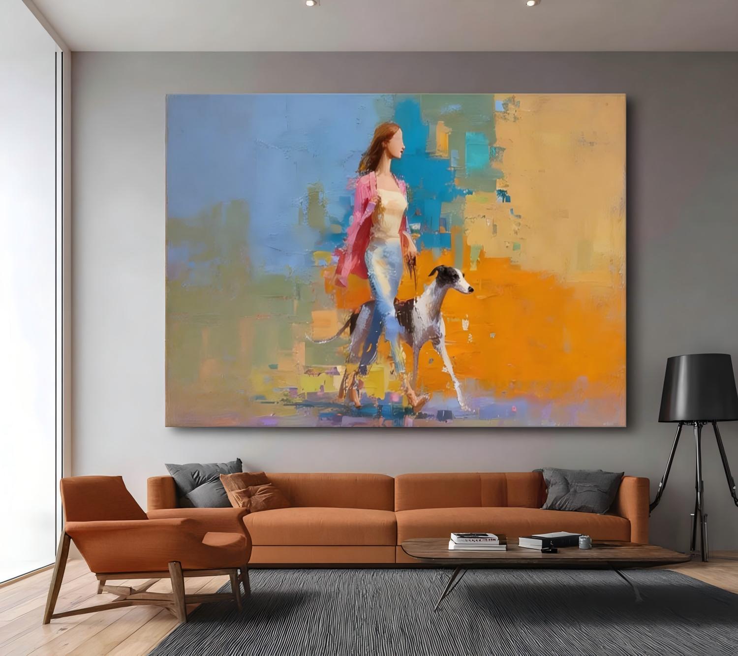 Modern Impressionist Painting Elegant Woman Walking Greyhound Dog Colorful Figurative Abstract Contemporary Art