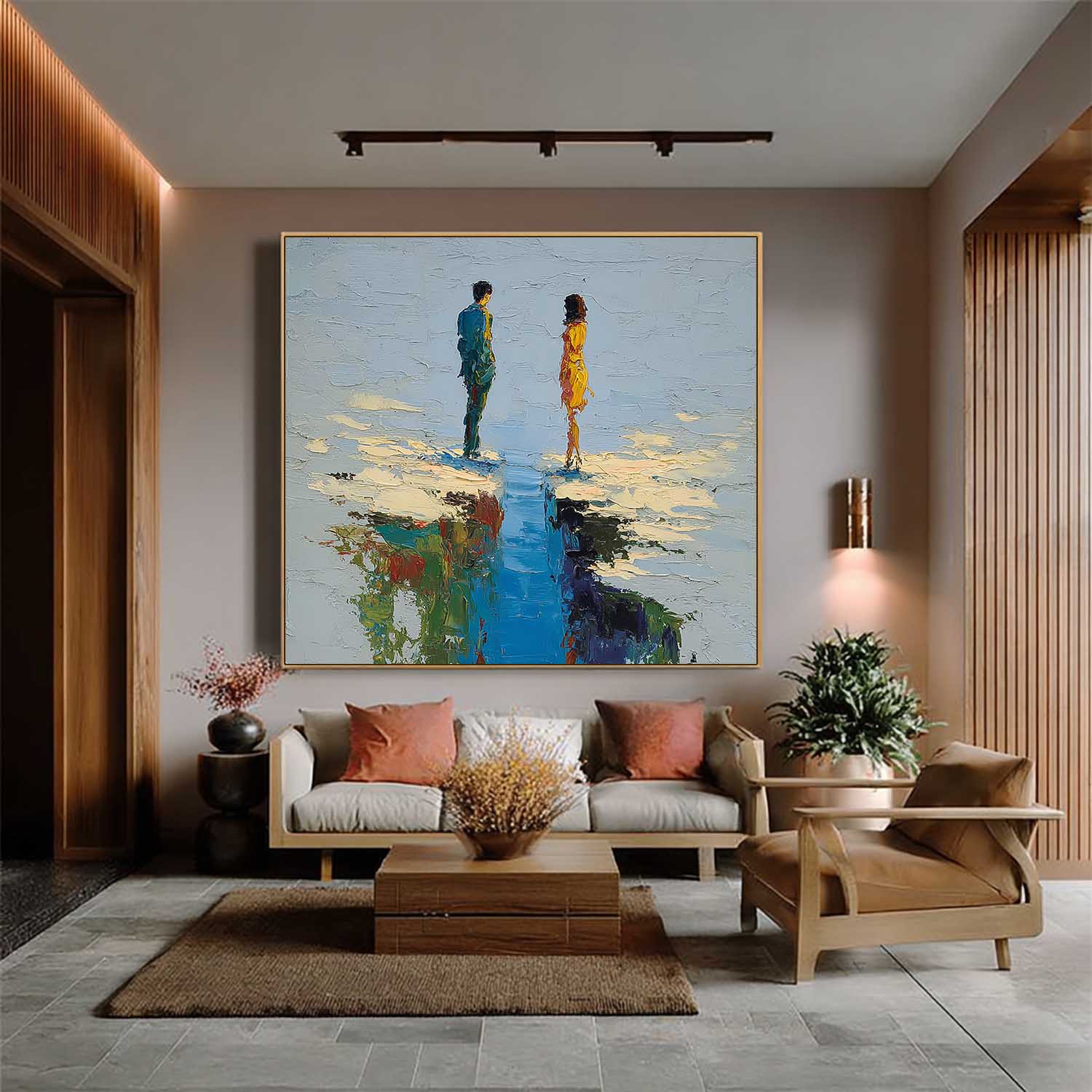 Modern Abstract Palette Knife Oil Painting Impressionist Romantic Couple On Canvas Textured Wall Art