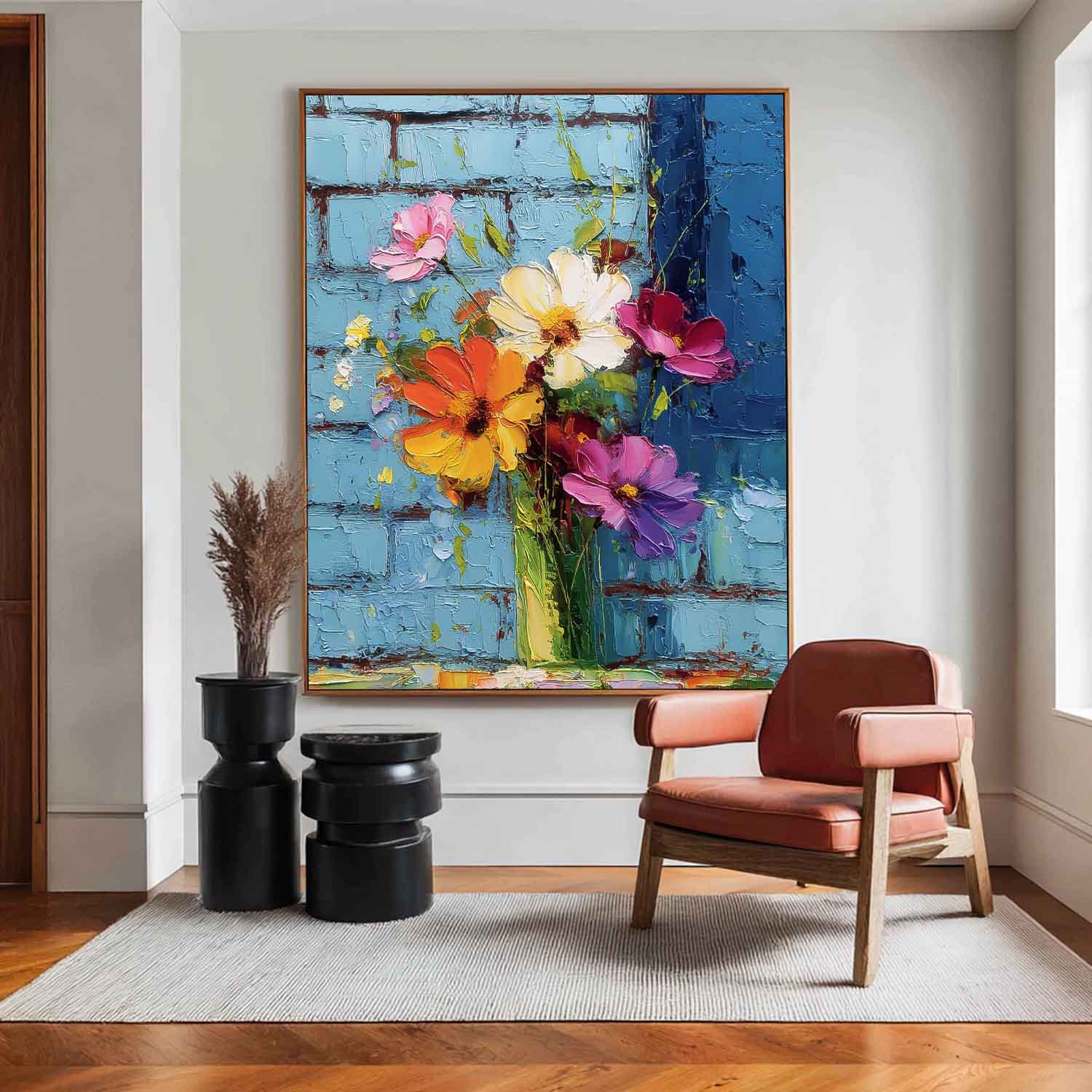 Vertical Textured Floral Oil Painting Modern Impasto Wildflowers Wall Art 3D Palette Knife Floral Decor