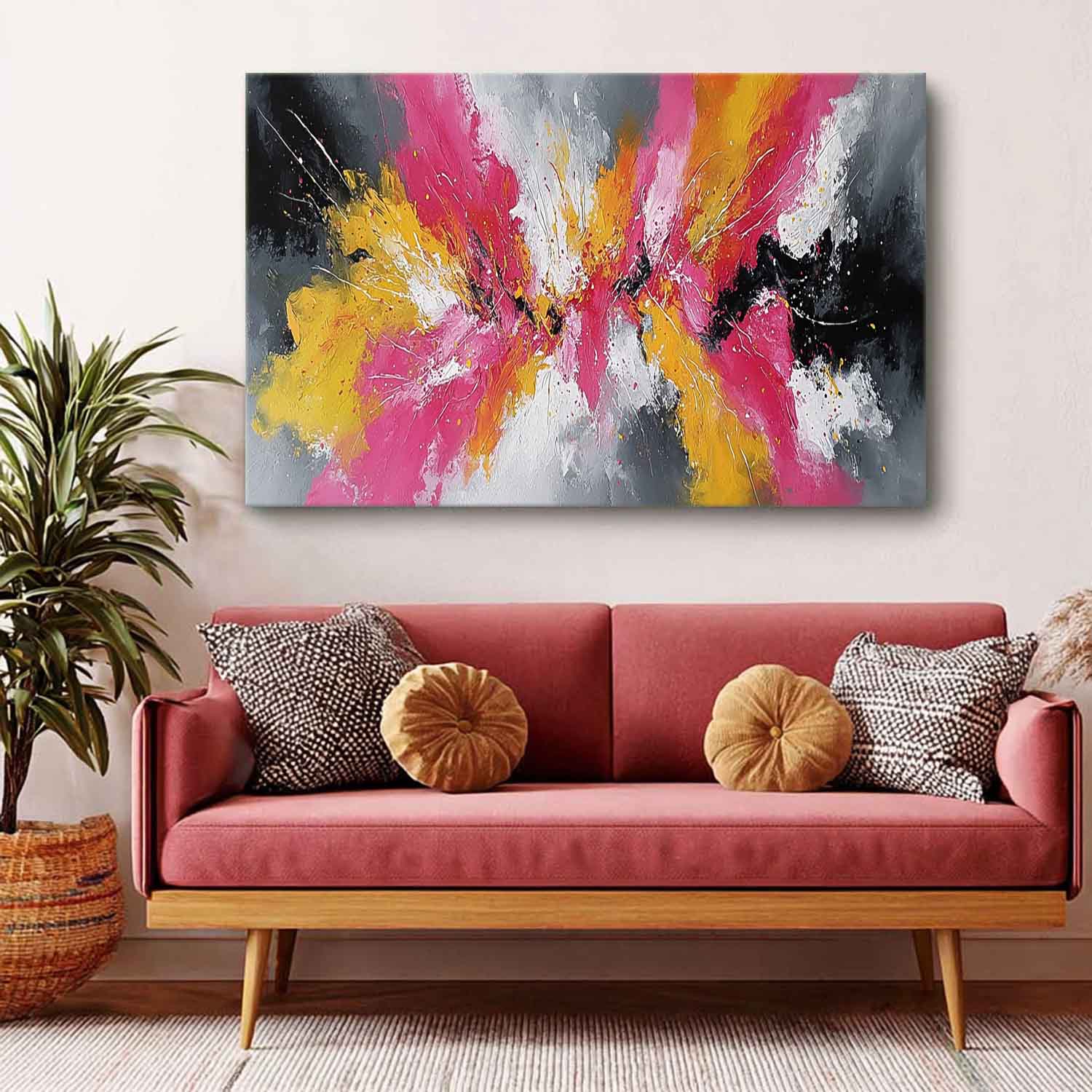 Modern Abstract Canvas Art Bright Pink & Yellow Explosion Textured Oil Painting For Home Wall Decor