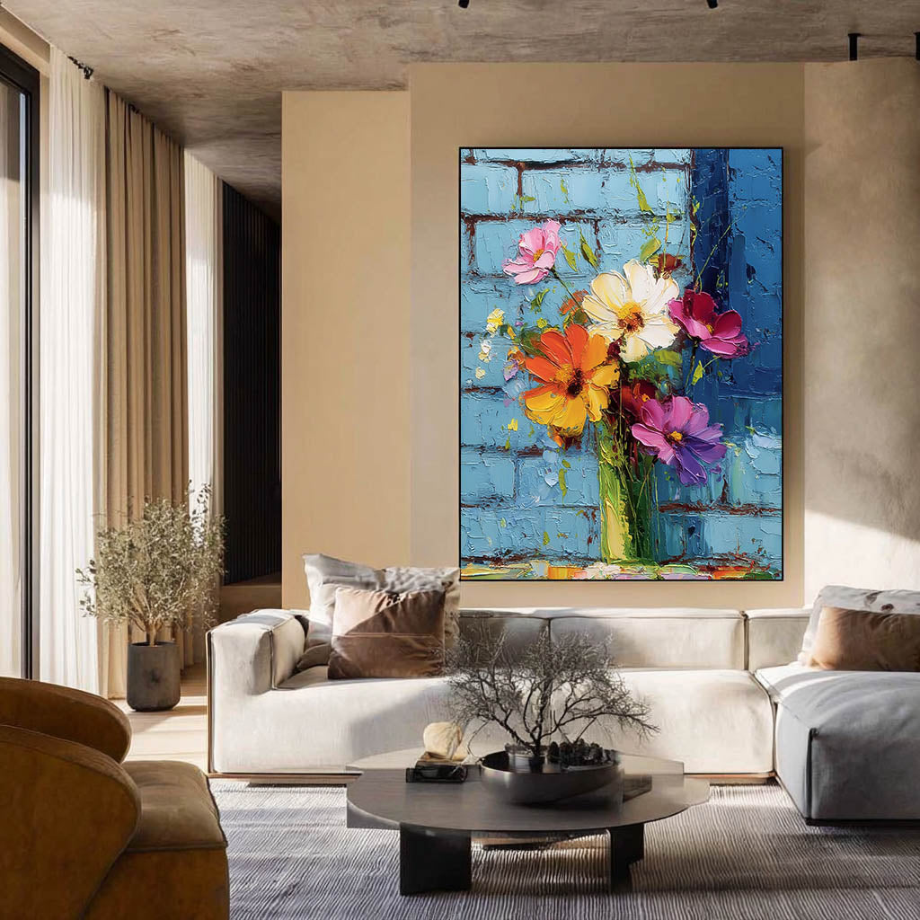 Vertical Textured Floral Oil Painting Modern Impasto Wildflowers Wall Art 3D Palette Knife Floral Decor