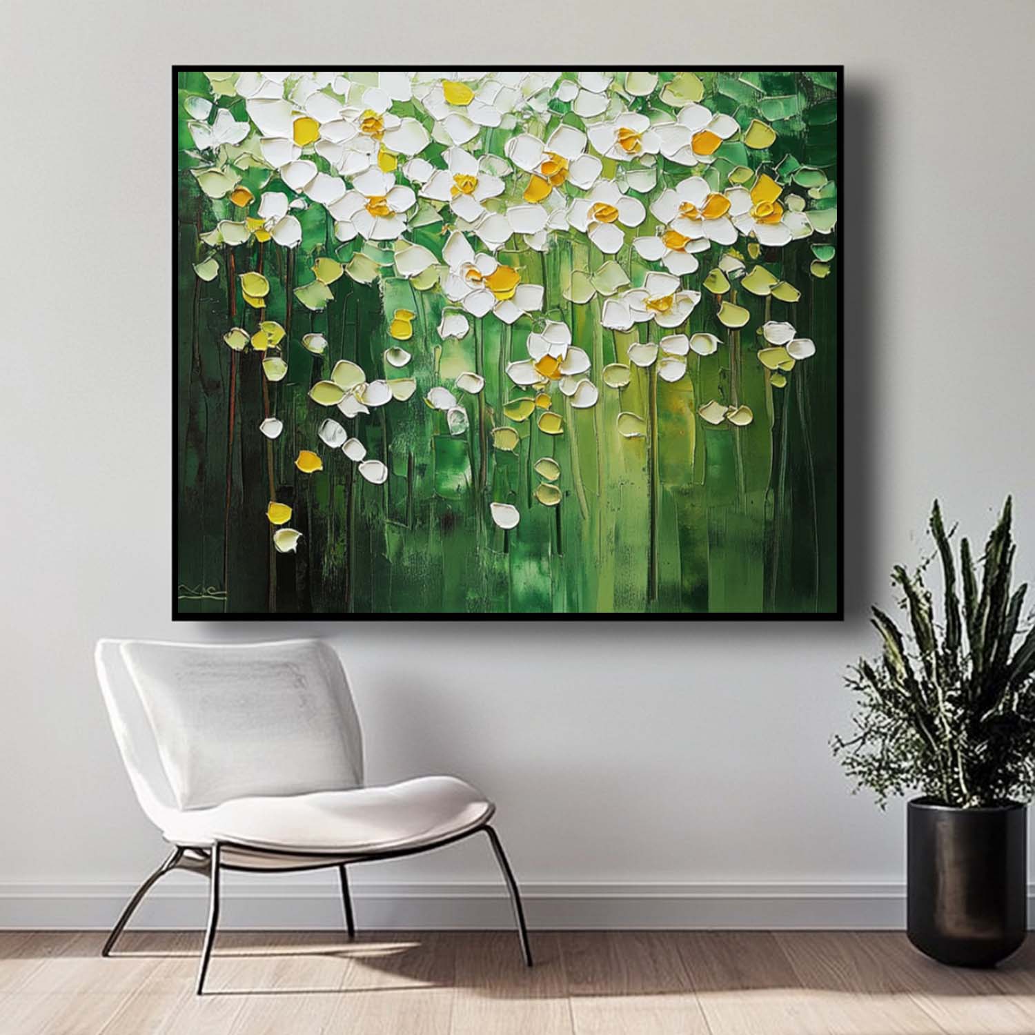 Horizontal Flower Beauty Texture Artwork Original Abstract Green Oil Painting On Canvas Home Decor Gift