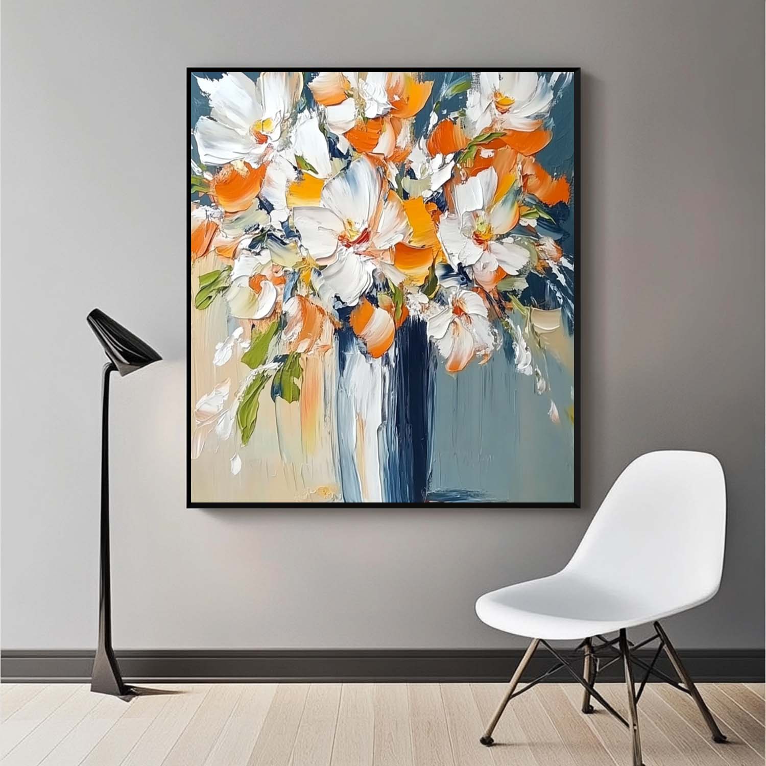 Original Exquisite Vase Art Large Orange color Textured Flower Painting Modern Floral Wall Art Home Decor