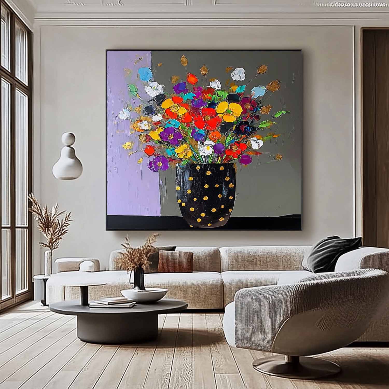 Large Color Handmade Wall Art Original Flower Square Vase Artwork Floral Texture Painting on Canvas