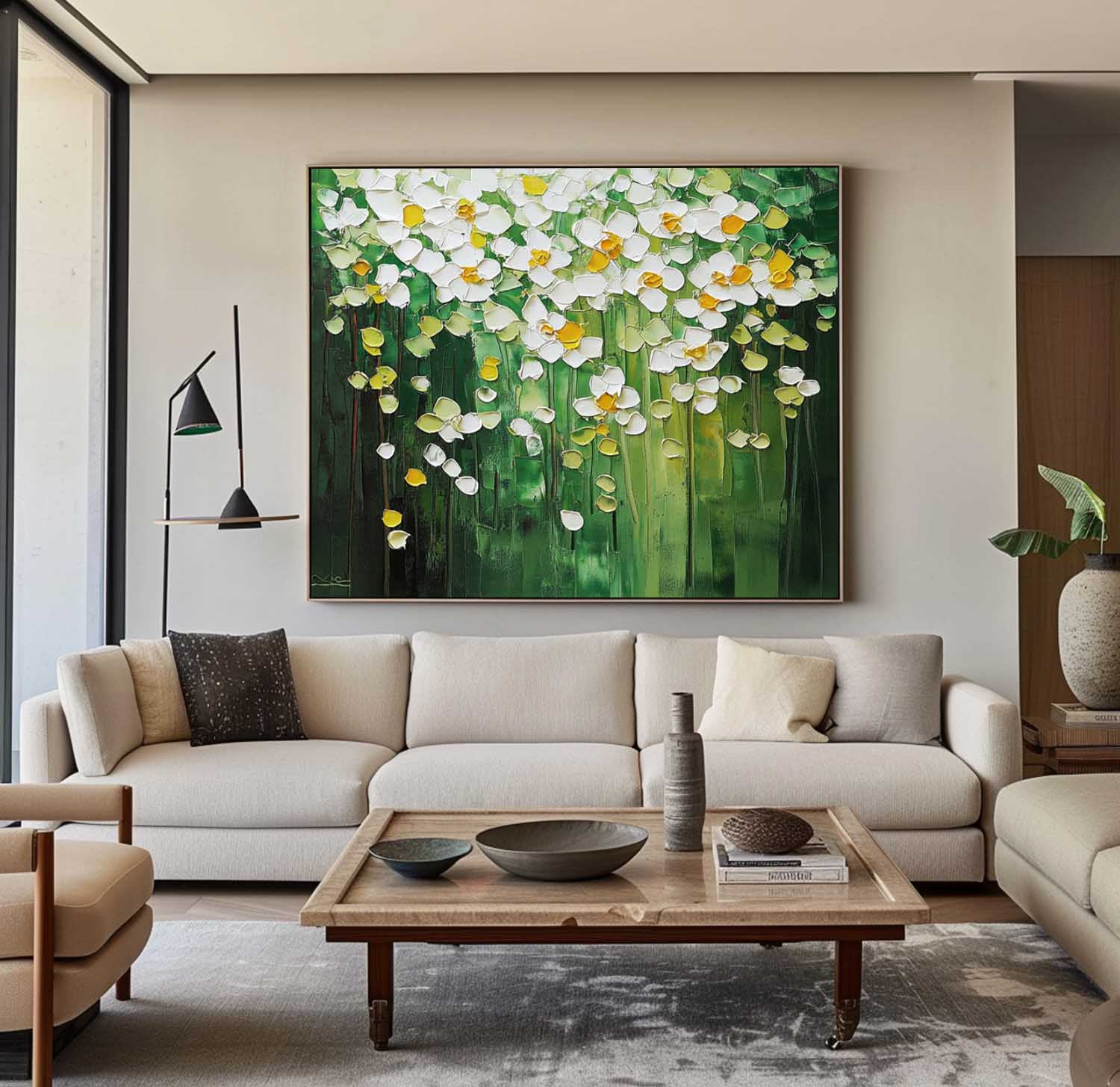 Horizontal Flower Beauty Texture Artwork Original Abstract Green Oil Painting On Canvas Home Decor Gift