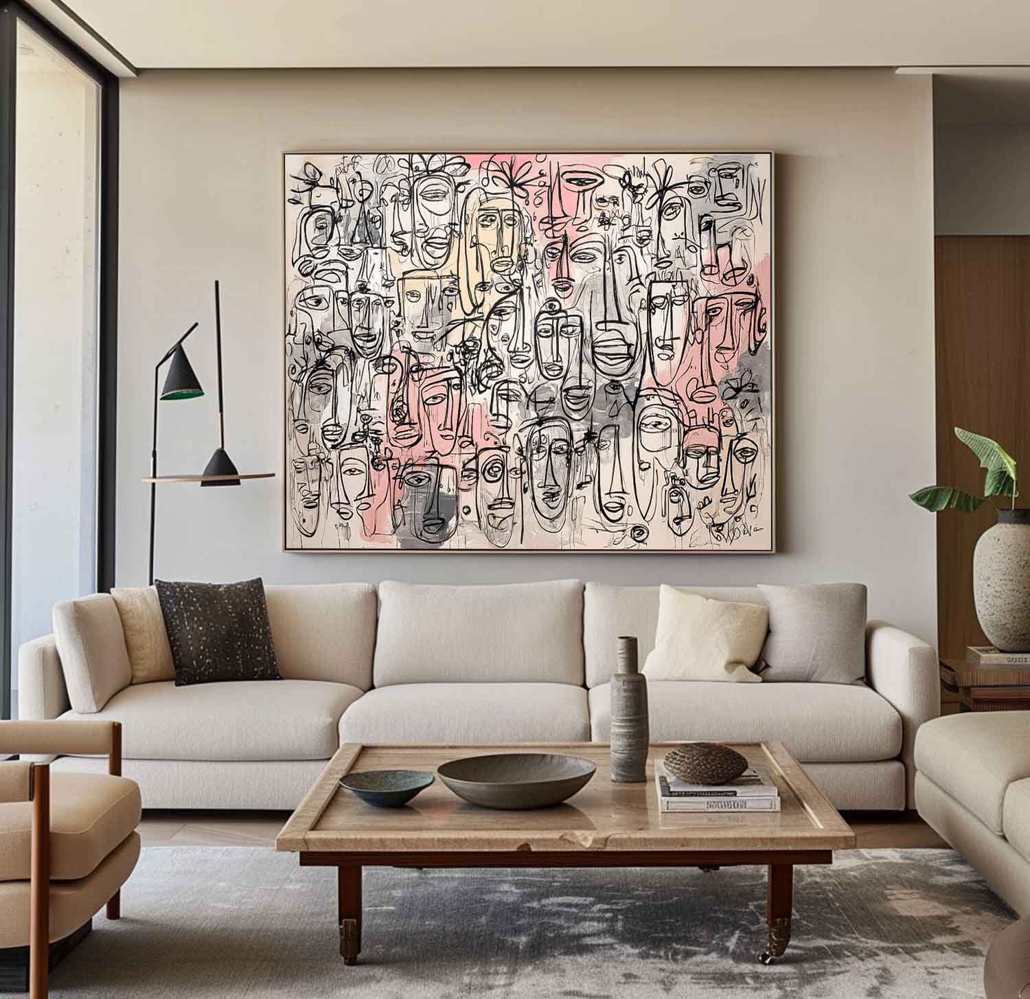 Abstract Line Face Painting Canvas Graffiti Artwork Framed Original Minimalism Modern Style Wall Art
