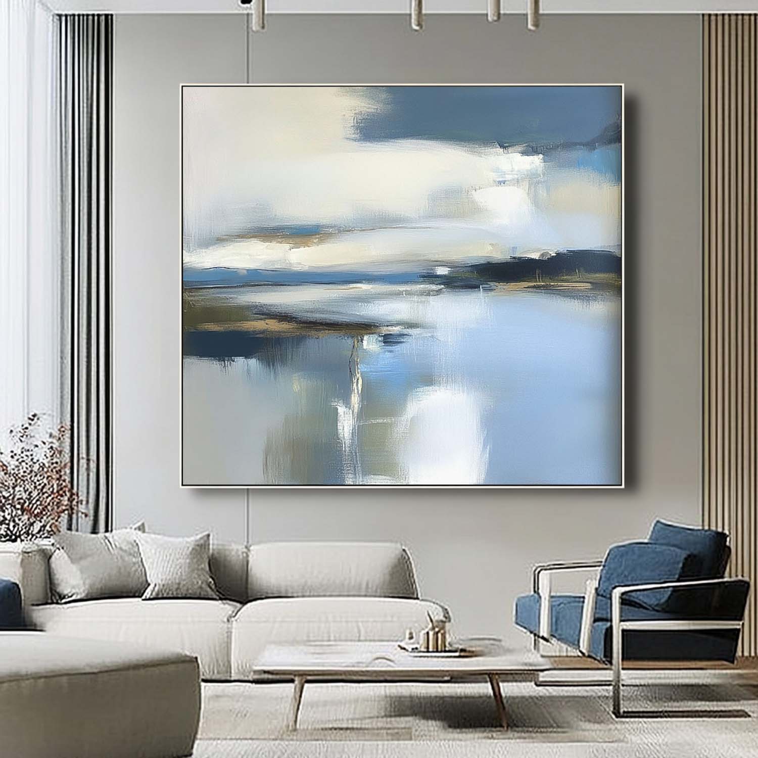 Abstract Lake Landscape Oil Painting Blue Landscape Artwork Large Blue Texture Wall Art Framed Home Decor