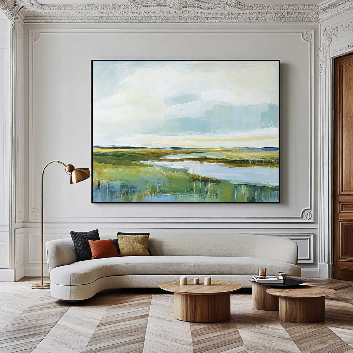 Abstract Lake Landscape Oil Painting Green Countryside Landscape Artwork Large Blue Texture Wall Art Framed