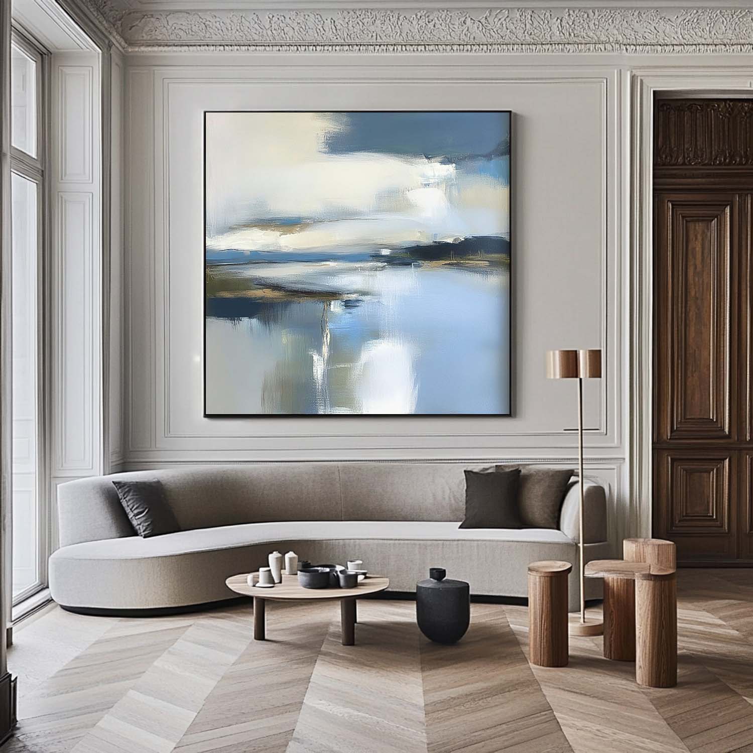Abstract Lake Landscape Oil Painting Blue Landscape Artwork Large Blue Texture Wall Art Framed Home Decor