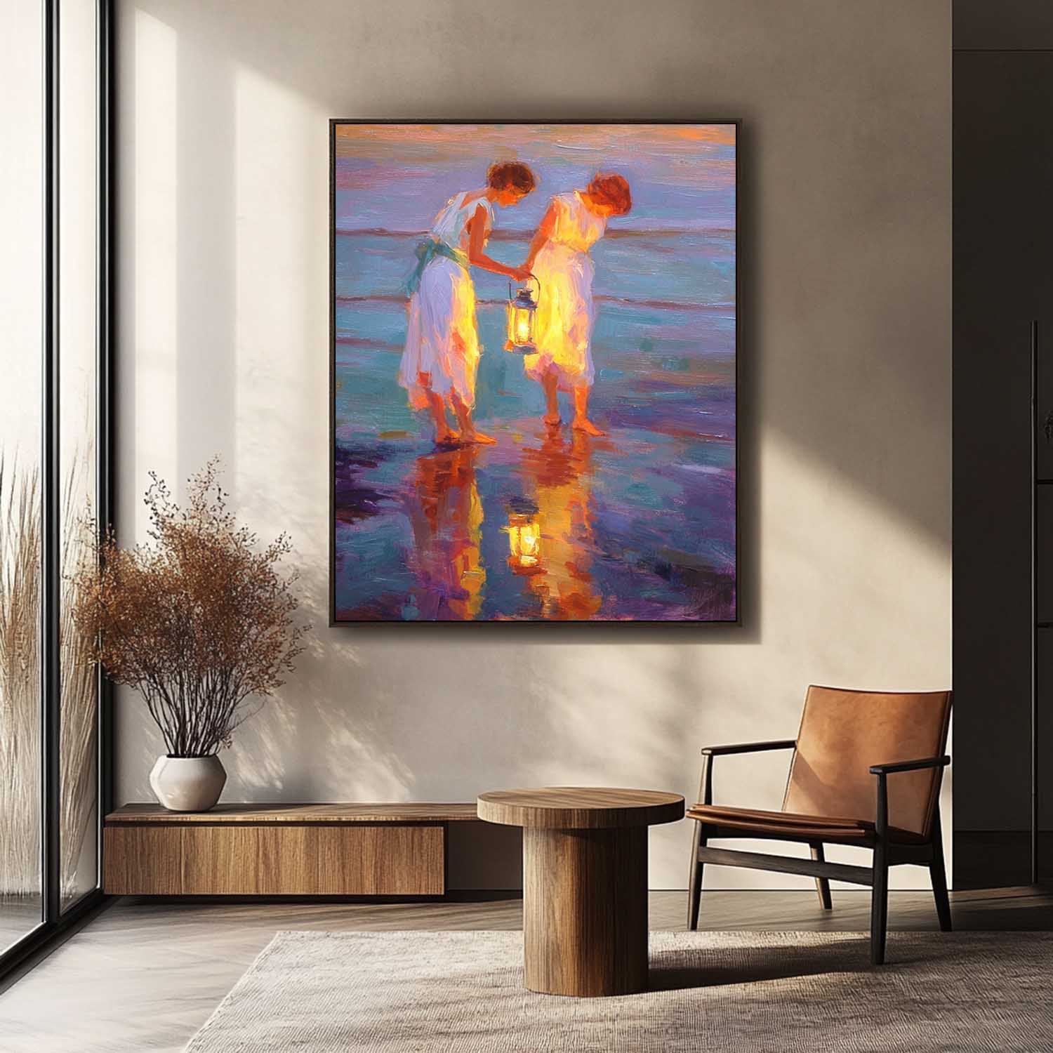 Vintage Glow & Water Reflections Wall Art Coastal Oil Painting Two Women With Lanterns By Sea Shore At Dusk