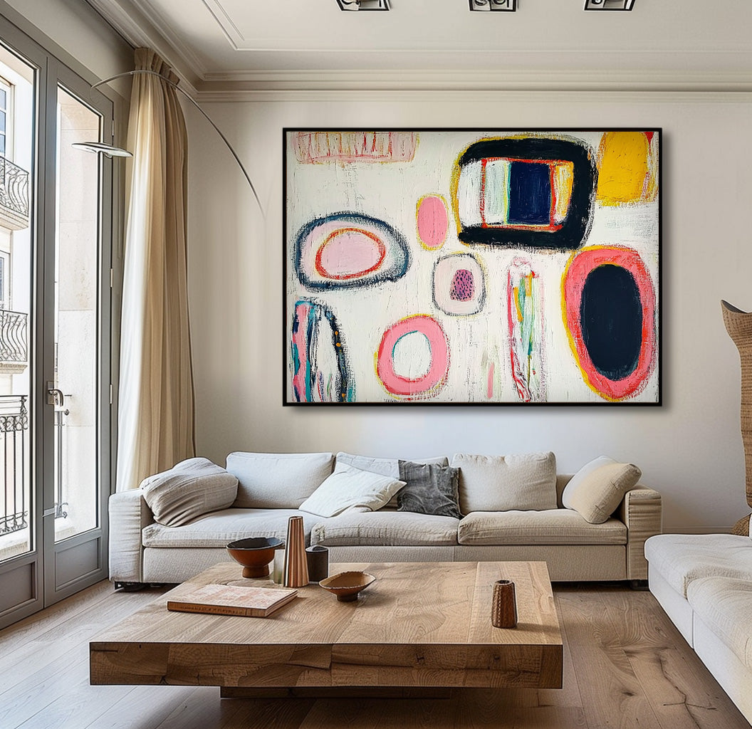 White Abstract Graffiti Oil Painting Modern Colorful  Artwork Original Irregular Geometric Circles Wall Art