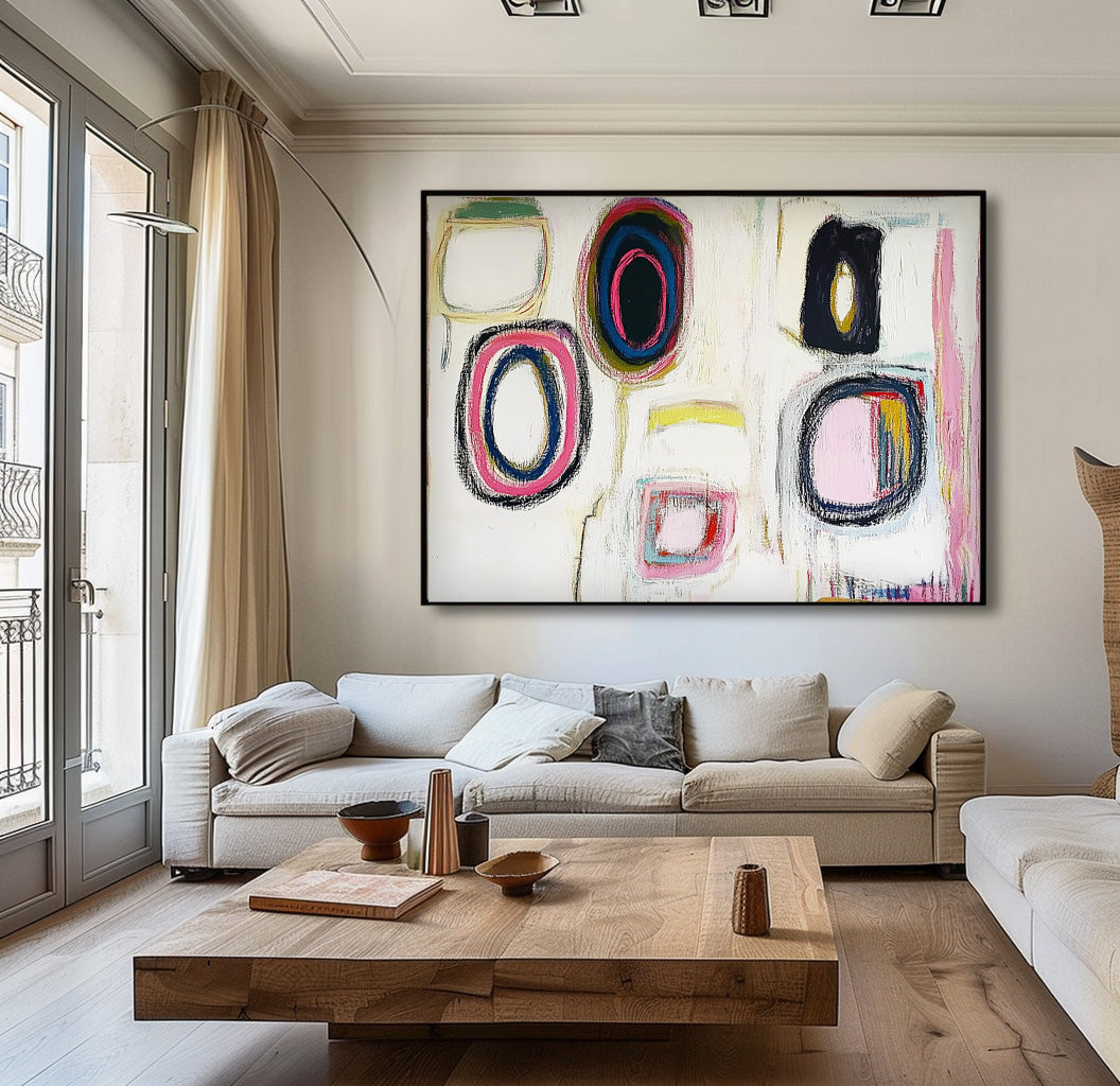 White Abstract Handmade Oil Painting Modern Colorful  Artwork Original Irregular Geometric Circles Wall Art