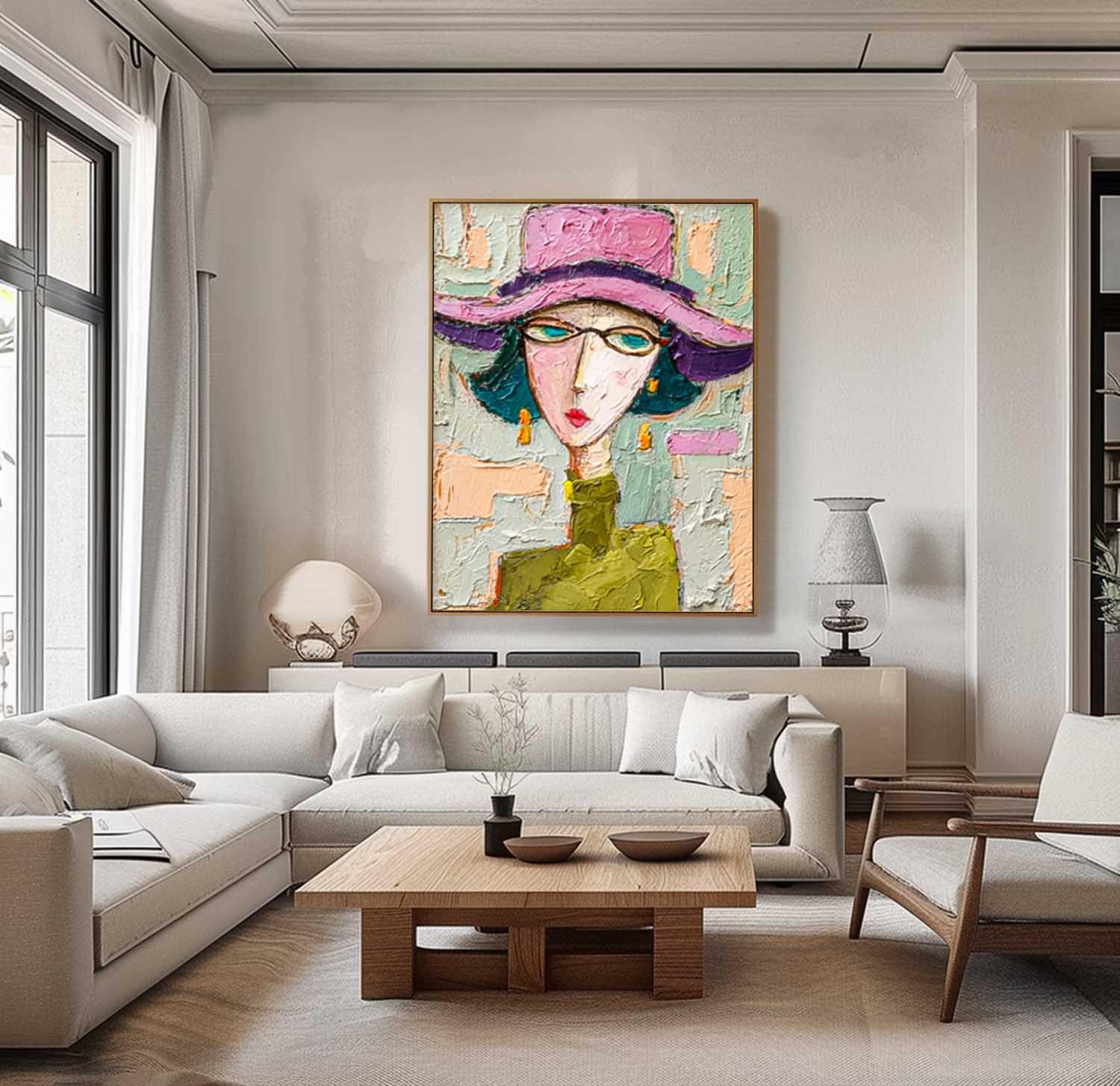 Large People Wall Art Color Abstract Woman Portrait Oil Painting Canvas Original Elegant Lady Painting