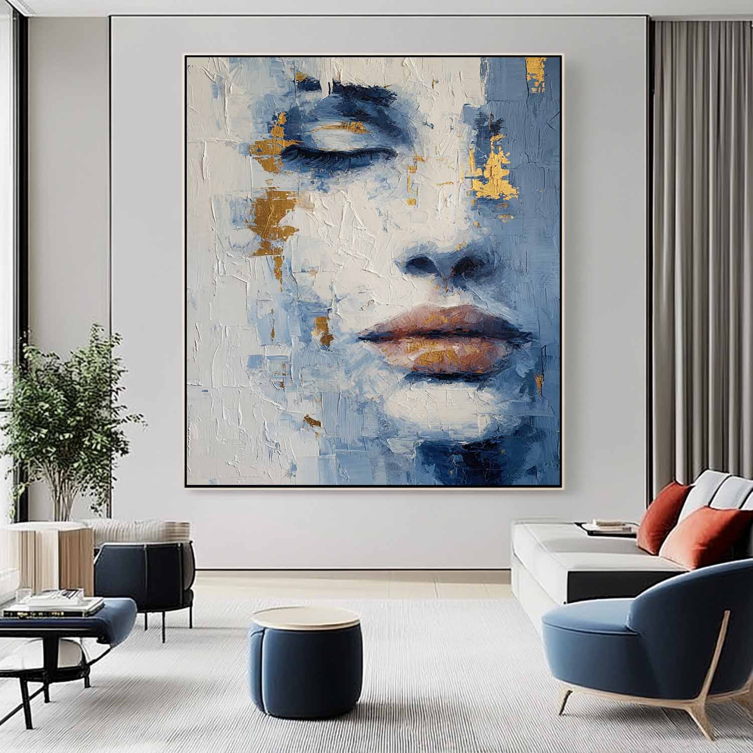 Abstract Portrait Painting Modern Blue & Gold Toned Impasto Wall Art Contemporary Minimalist Face Artwork