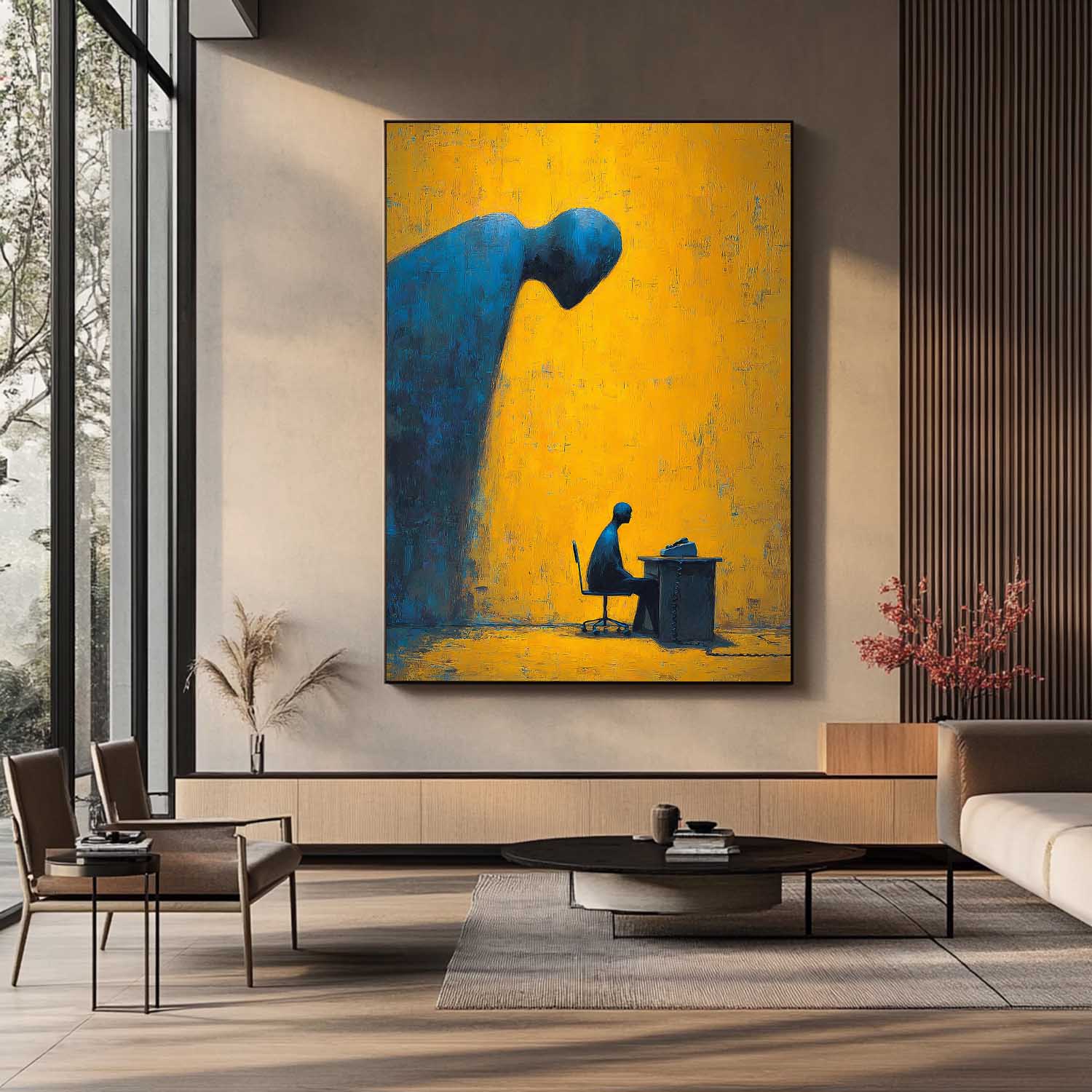 Deep Blue Silhouette Abstract Artwork Modern Office Decor Surrealist Figure Painting Concept Studio Wall Art