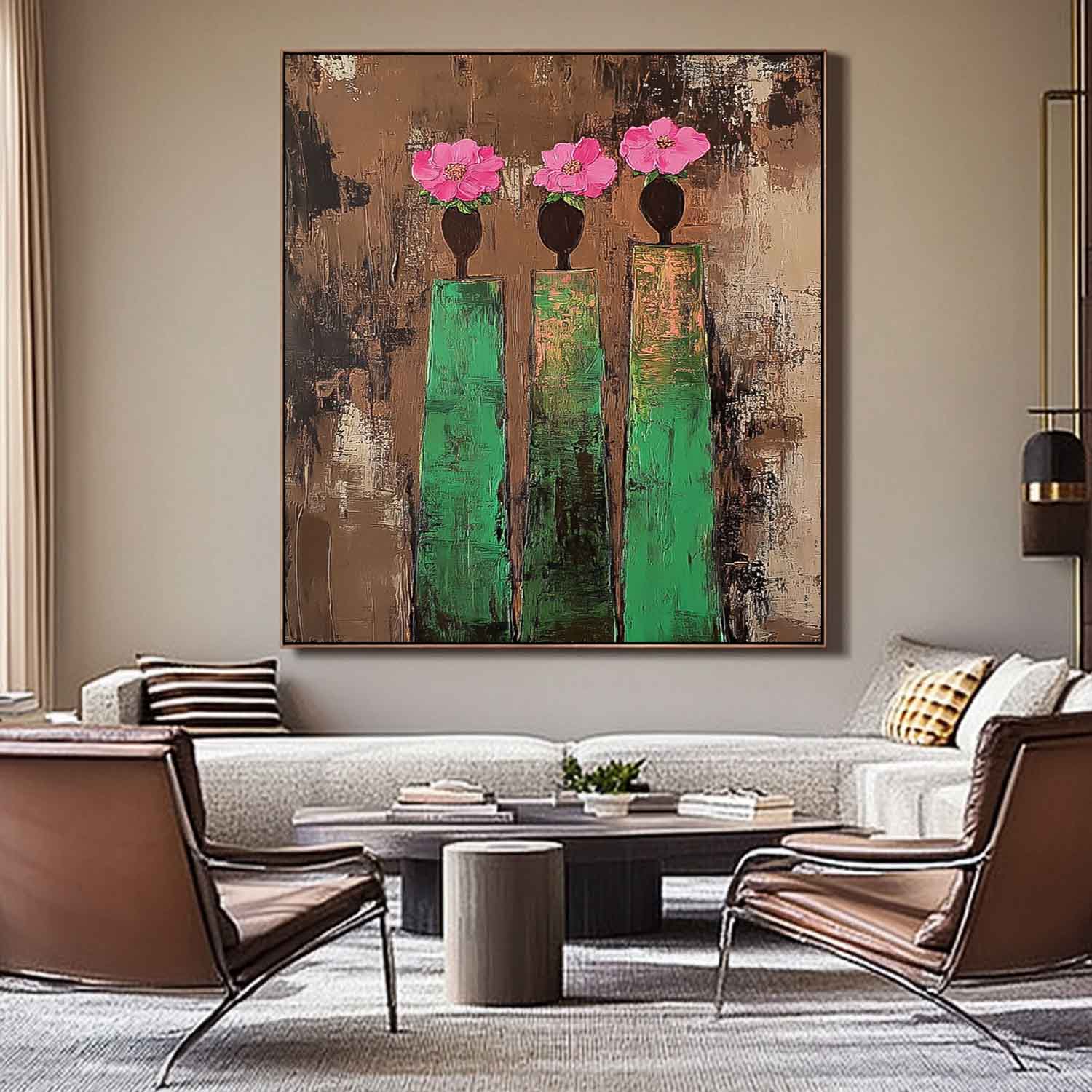 Original Retro Painting Pink And Green Modern People Silhouette Wall Art Abstract Simple Characters Artwork